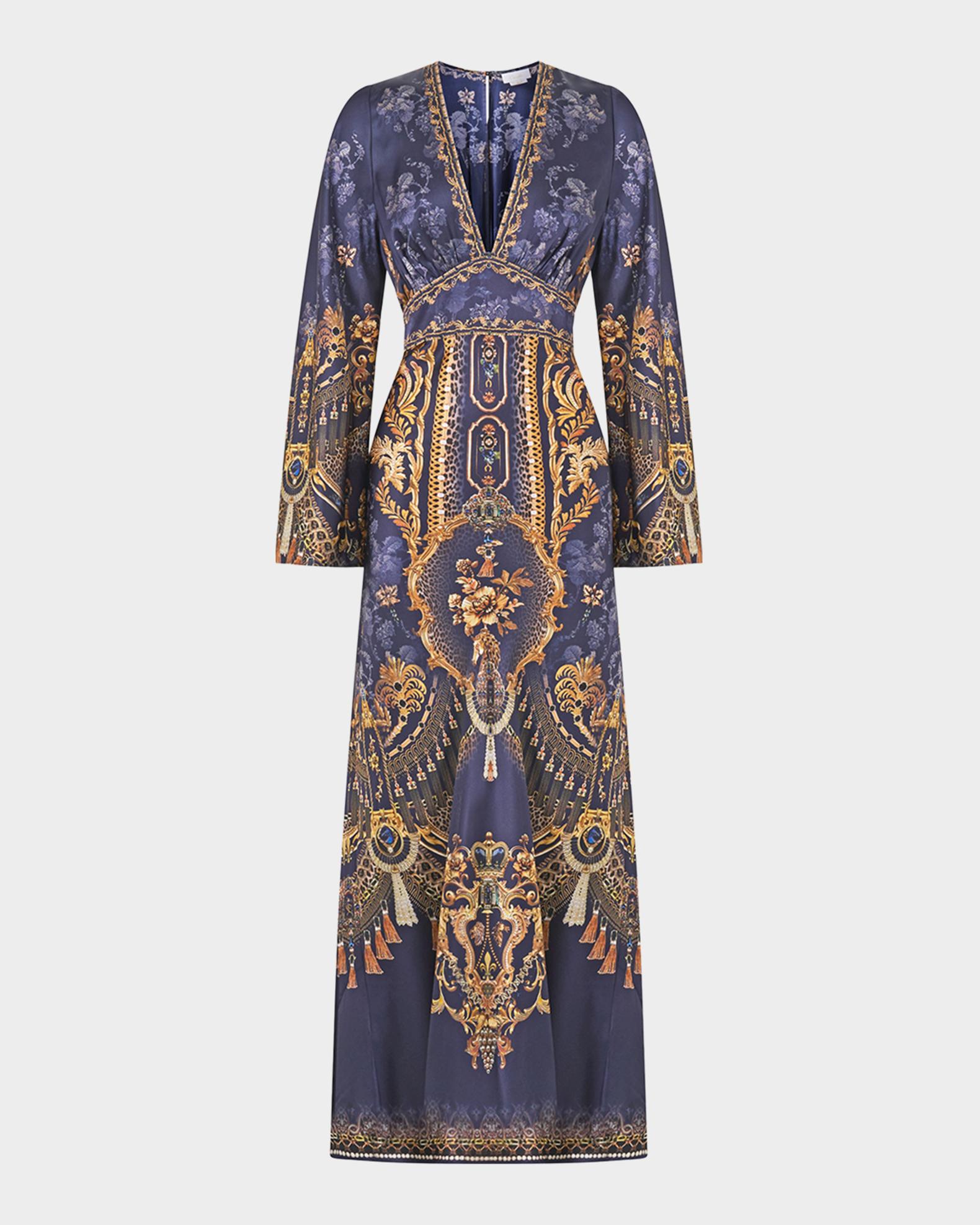 Camilla Cloaked in Baroque V-Neck Maxi Dress | Neiman Marcus