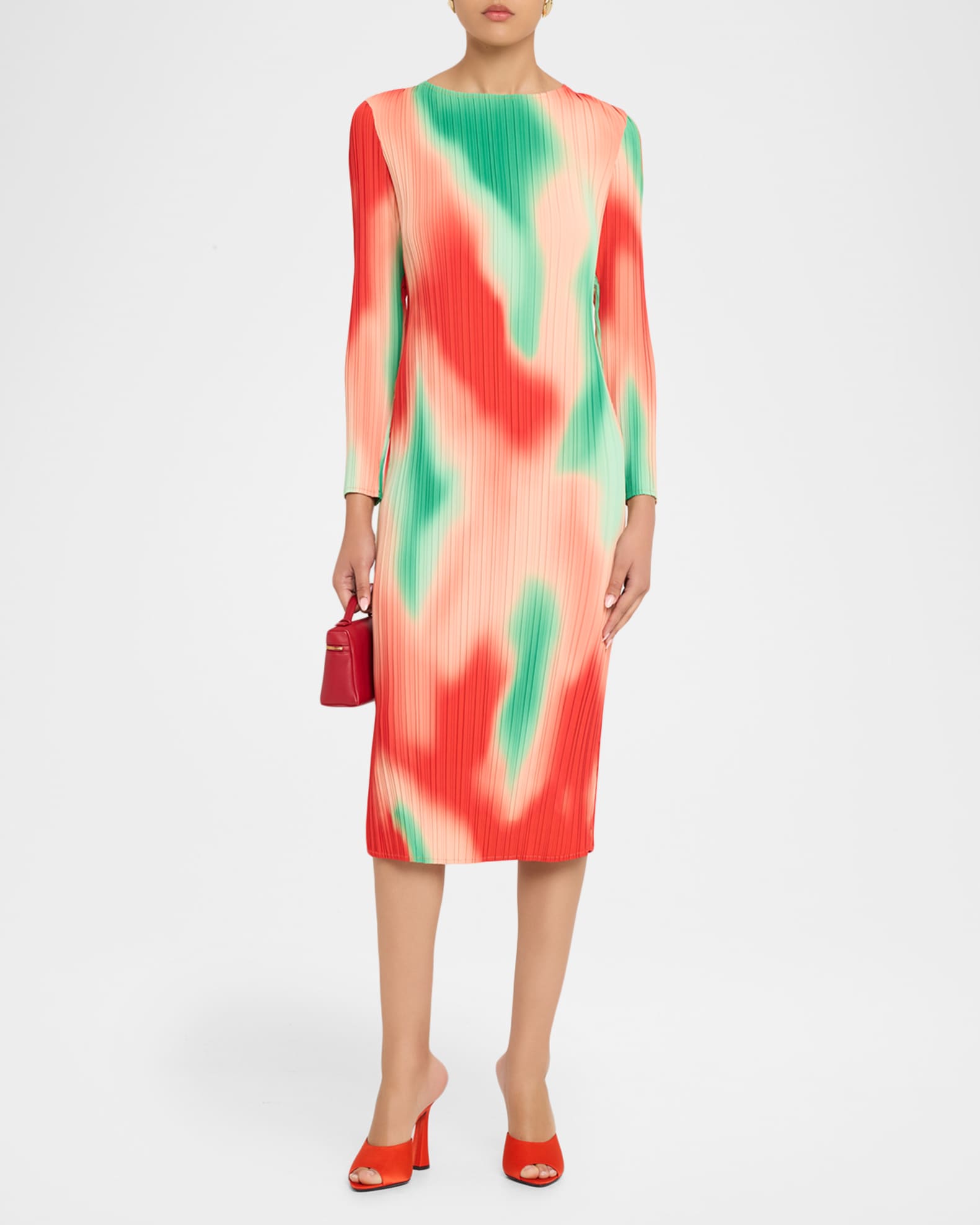 misook dresses Women's Micro-Pleated Printed Crepe Midi-Dress - Cherry Ember Peach Dream Front Button Closure Misook Sheer Panel A Line
