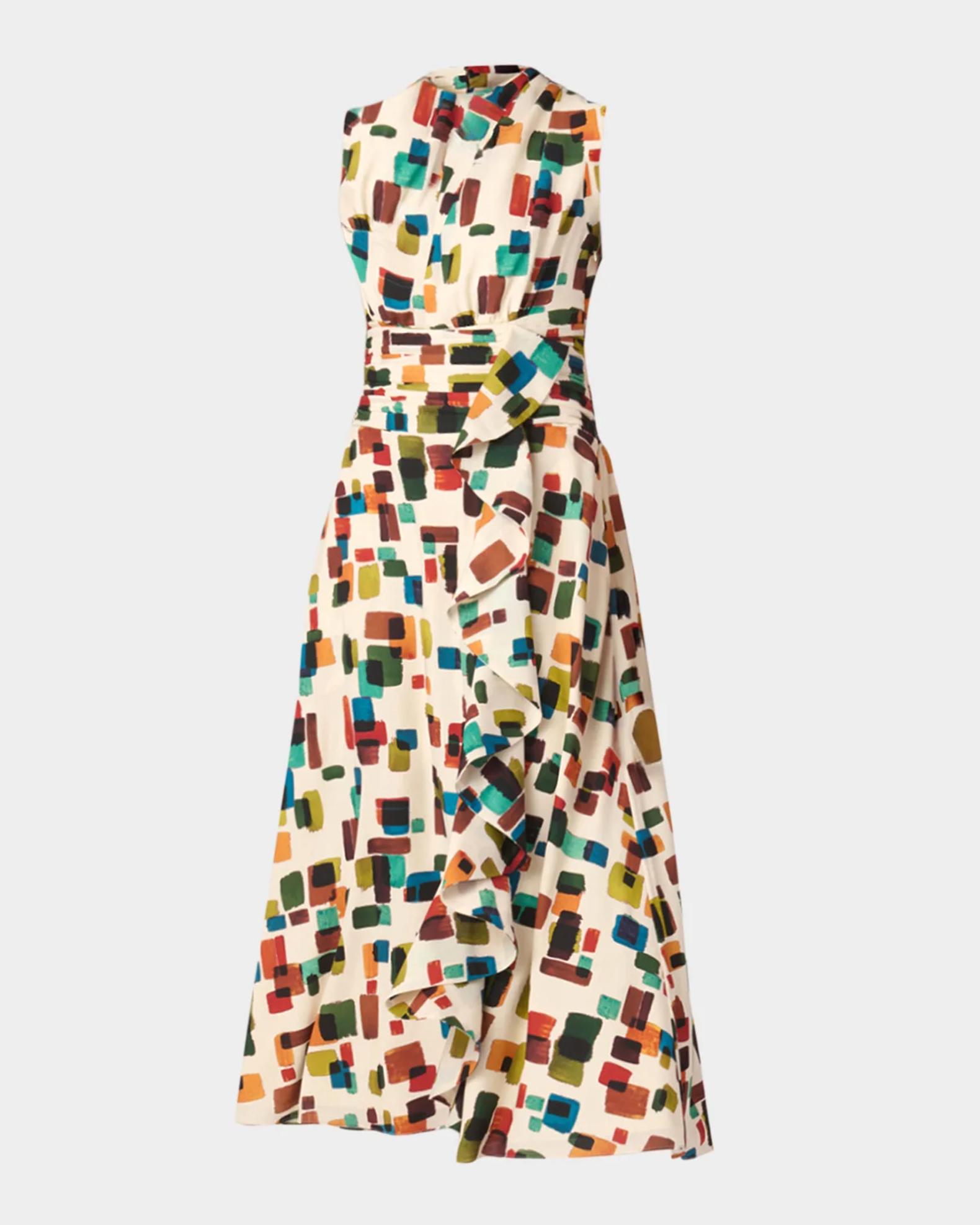 Shoshanna Aria Brushstroke Crepe De Chine Midi Dress | Neiman Marcus