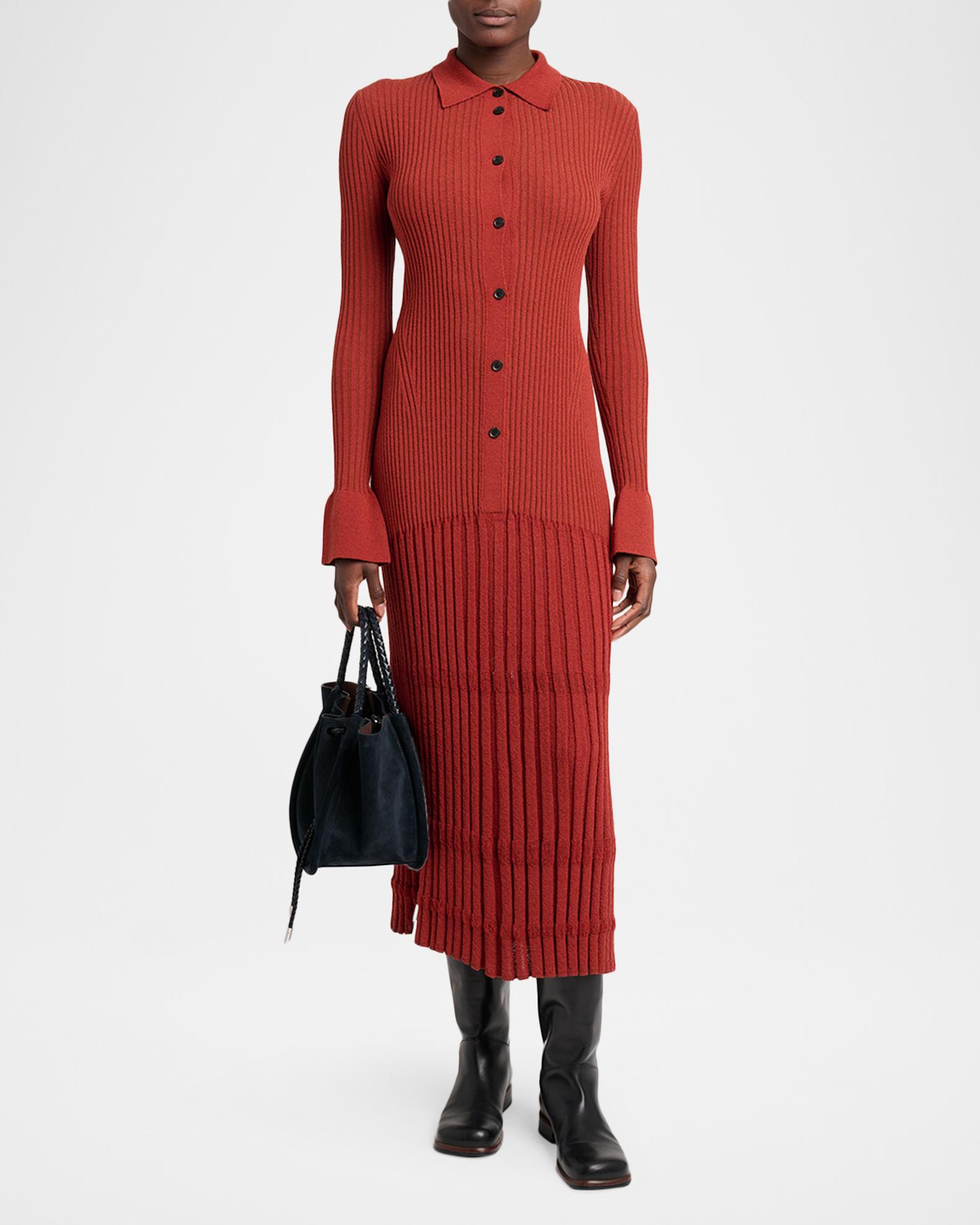 Proenza Schouler Rosario Wool Rib Drop-Waist Button-Front Midi