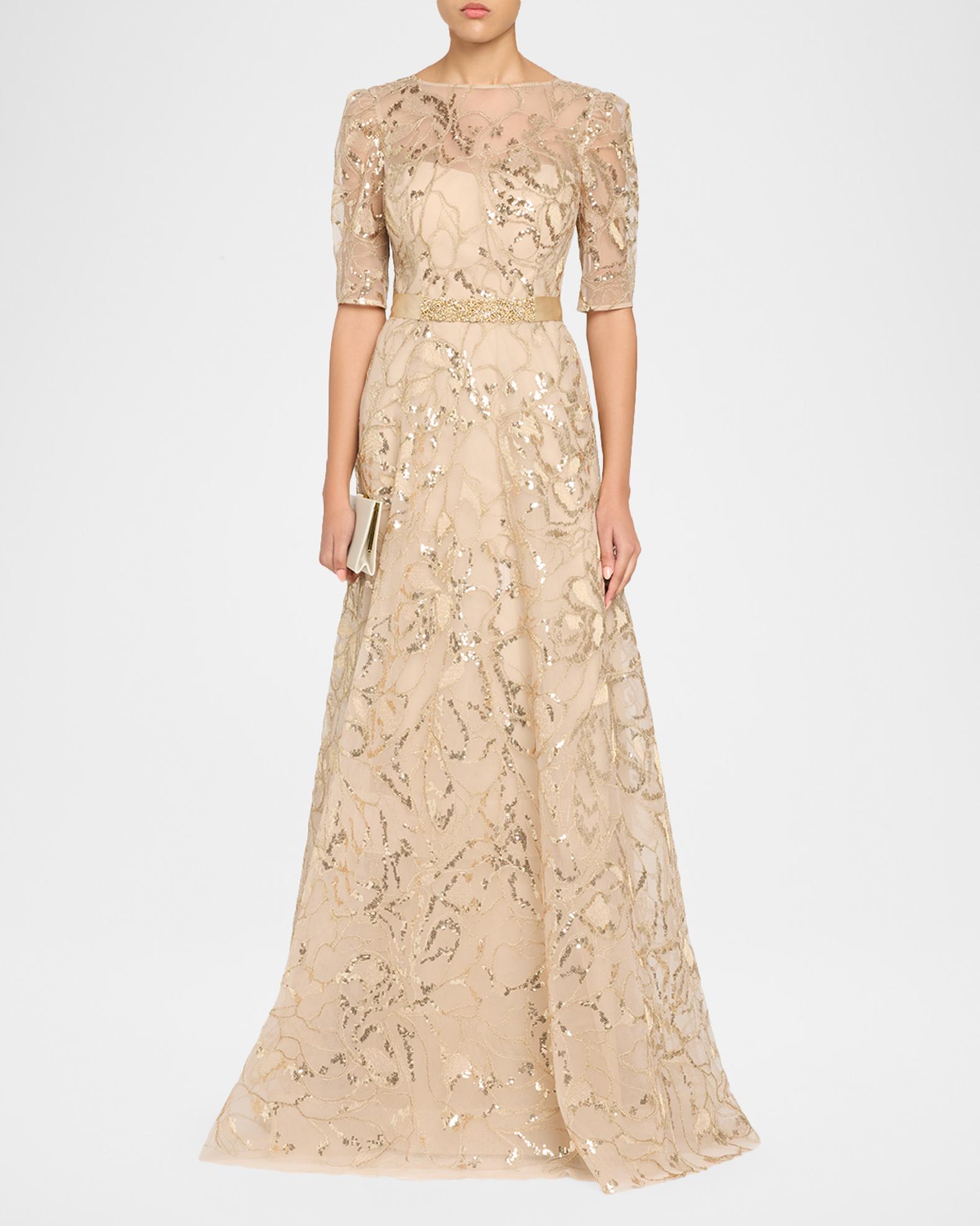 Teri Jon Sequin Embroidered Tulle Gown - Gold