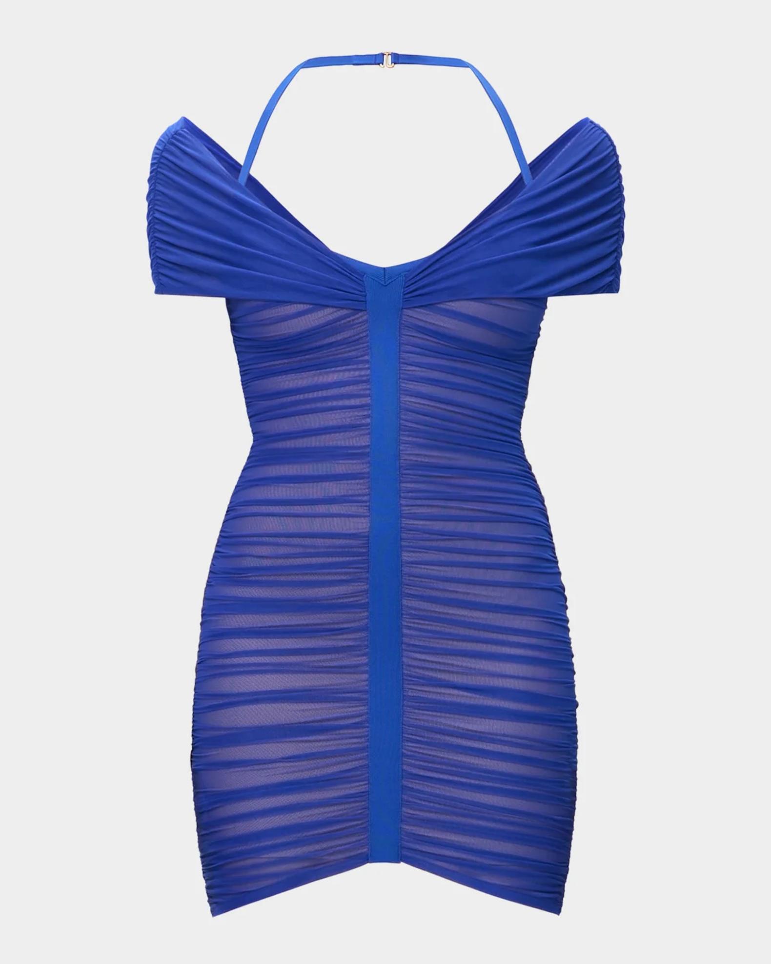 herve leger dress Hervé Léger The Linda Ruched Halter Mini Dress, Bright Blu, Women's, L this signature bandage fabric Class-Dress Size:L / UK14 Ivory V-Neck Wedding Dress Pink