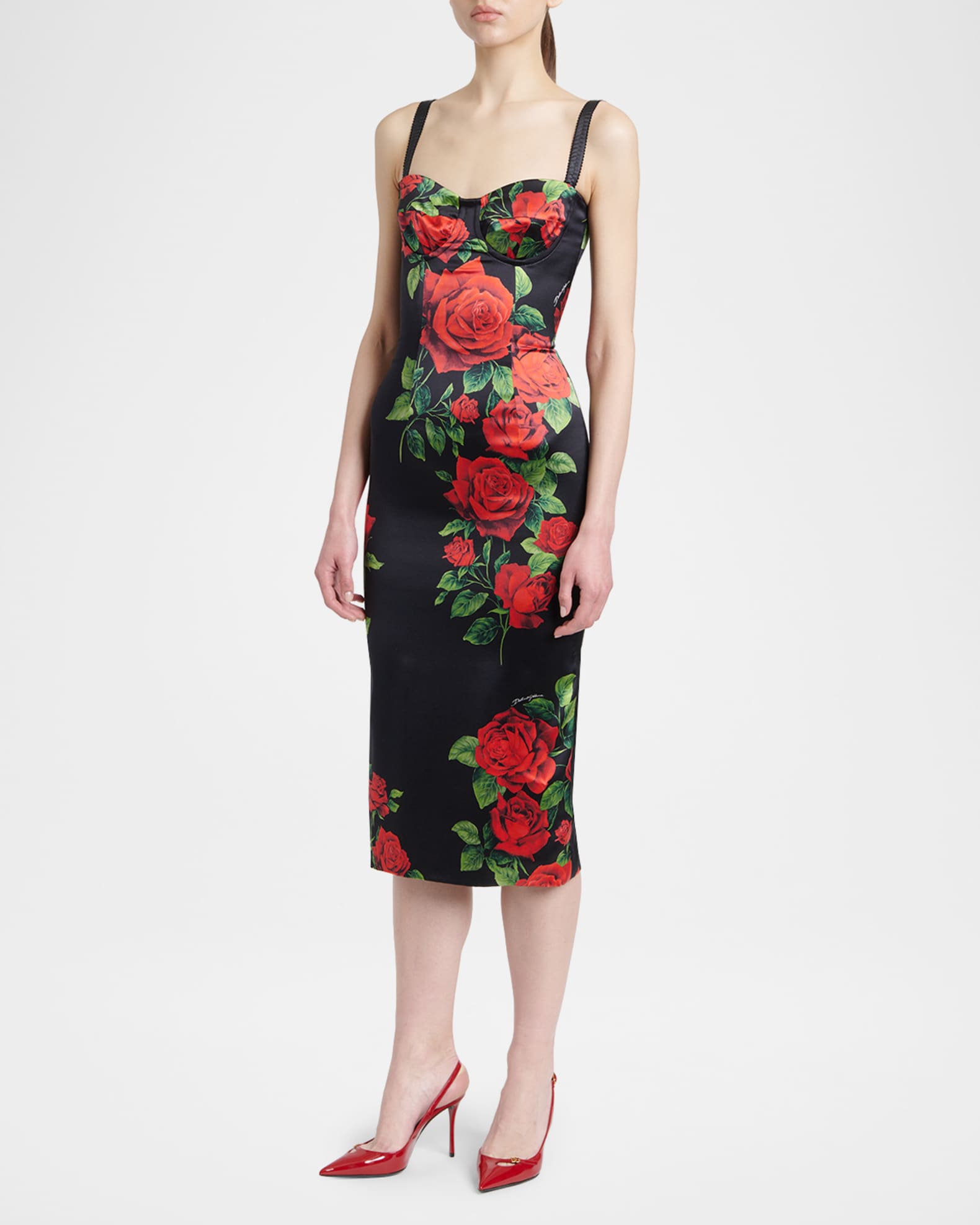 Dolce&Gabbana Sleeveless Rose Silk Midi Bustier Dress | Neiman Marcus