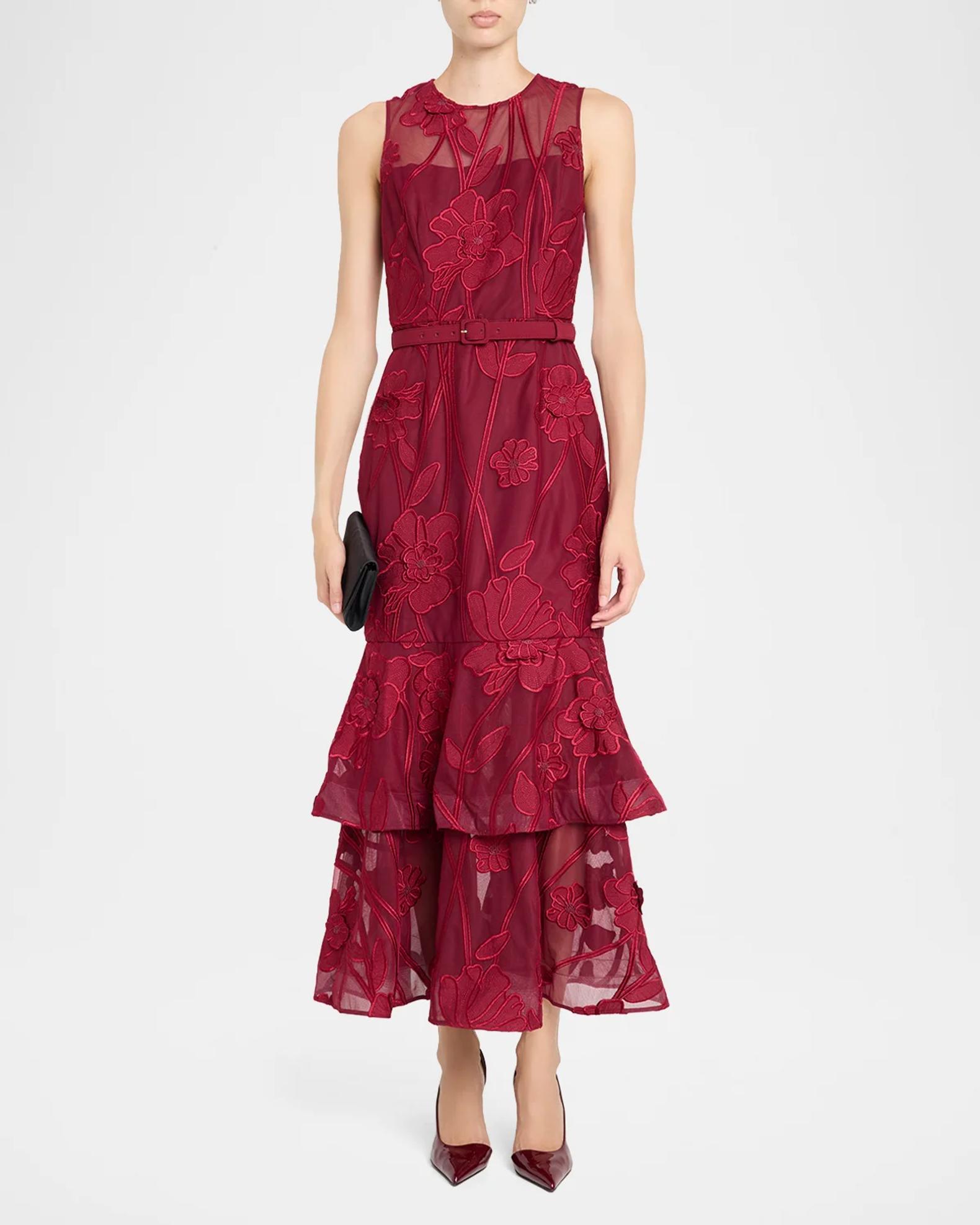 neiman marcus burgundy dress Milly Anna Grand Fleur Sleeveless Evening Defined by a gathered