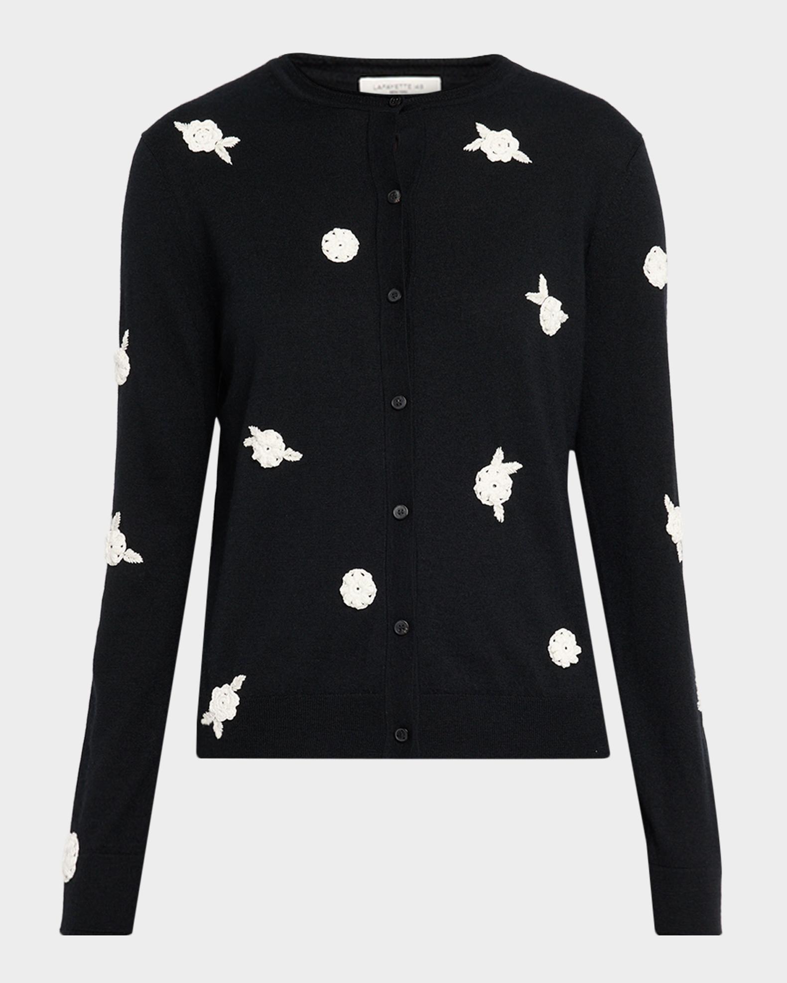 Lafayette 148 New York Crewneck Floral Applique Cashmere Cardigan