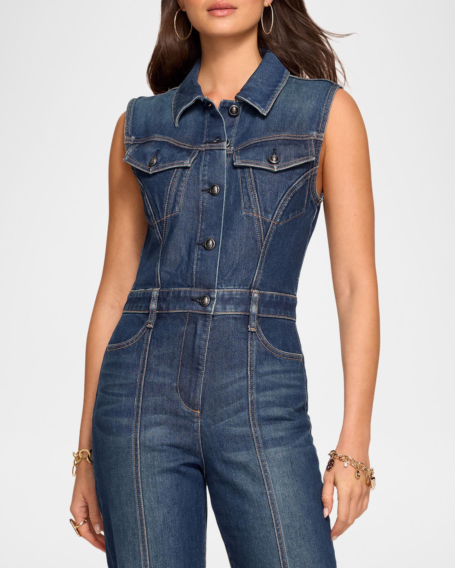 Ramy Brook Jessie Cropped Denim Jumpsuit | Neiman Marcus