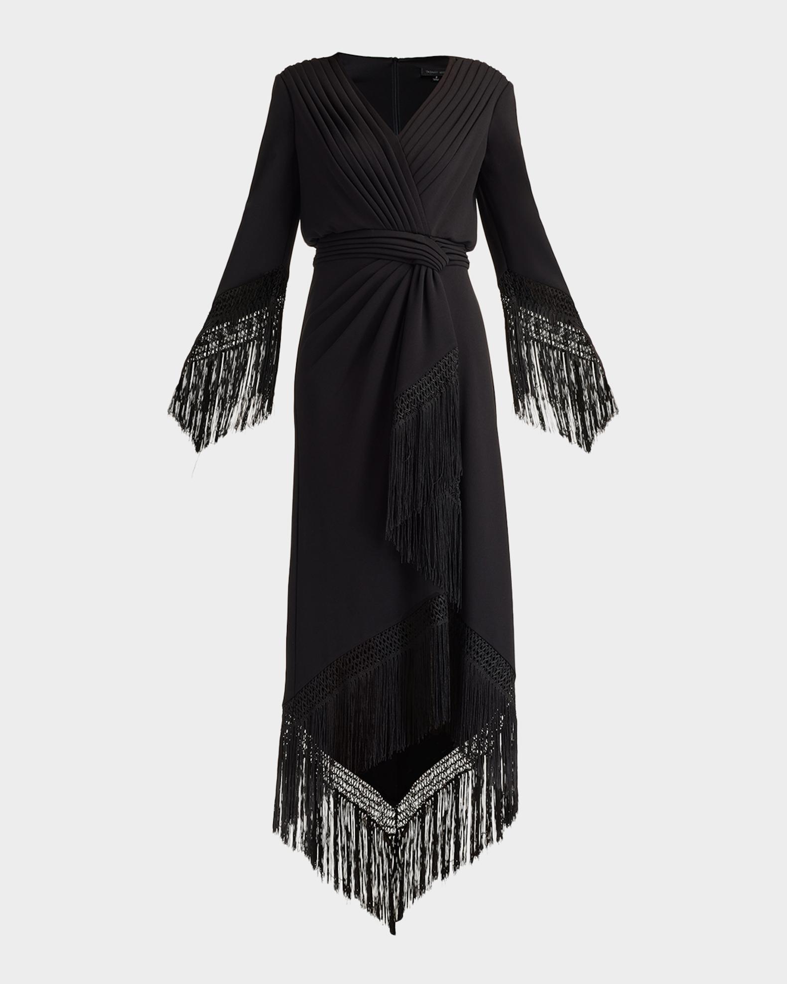 tadashi shoji black dress CBI16206LXY His collections grace the runways of New York Fashion Week Fringe-Trim Draped Crepe Maxi Dress