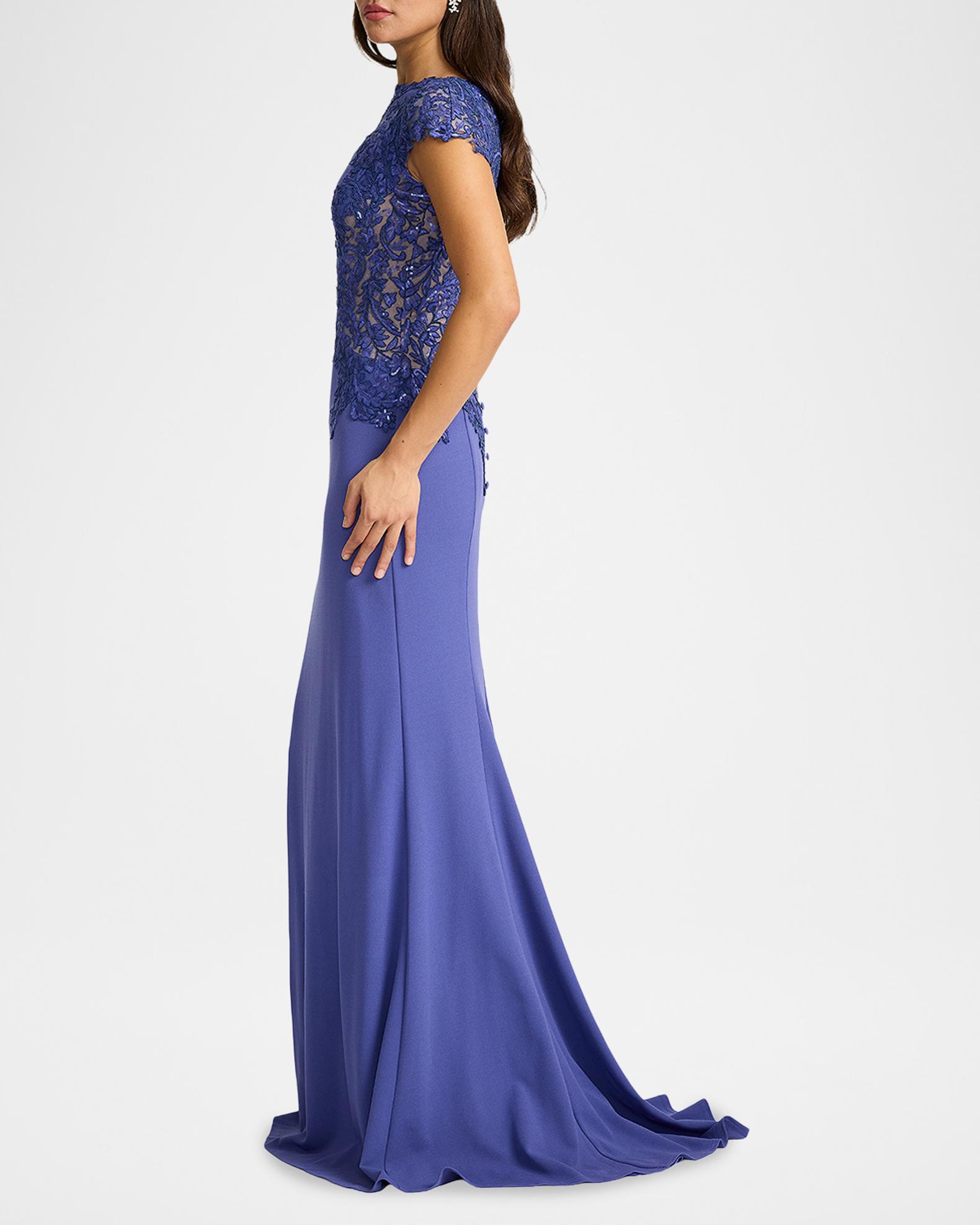 Tadashi Shoji Embroidered Cape-Sleeve Crepe Gown | Neiman Marcus