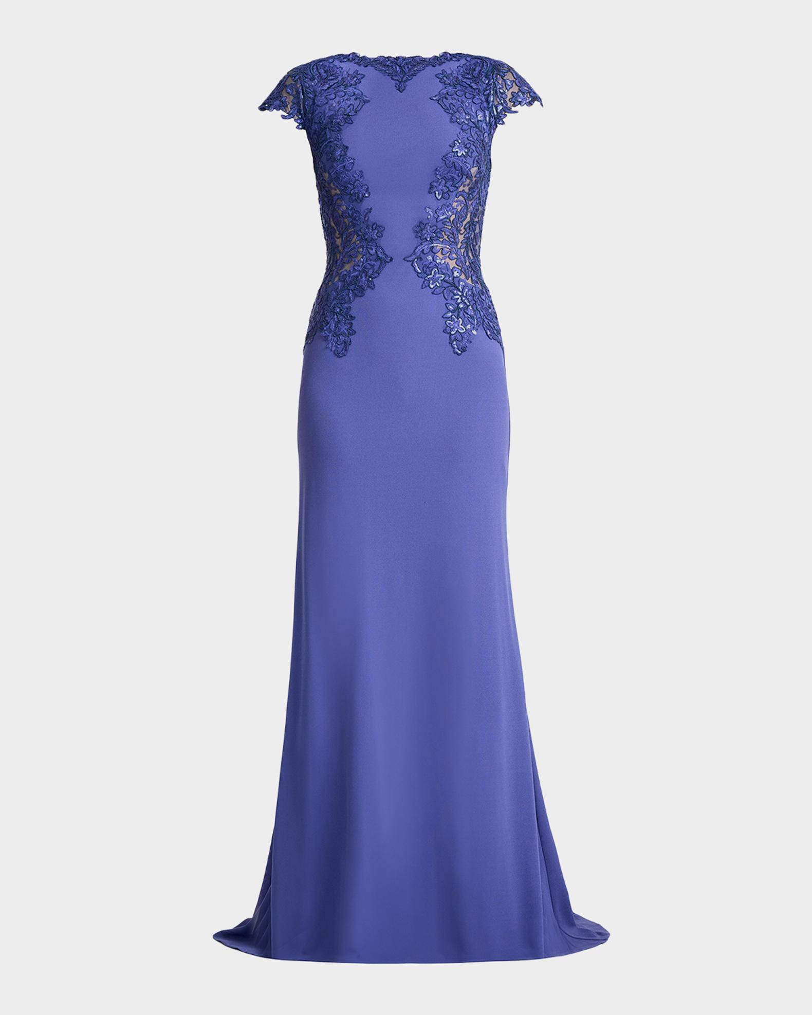 Tadashi Shoji Embroidered Cape-Sleeve Crepe Gown | Neiman Marcus