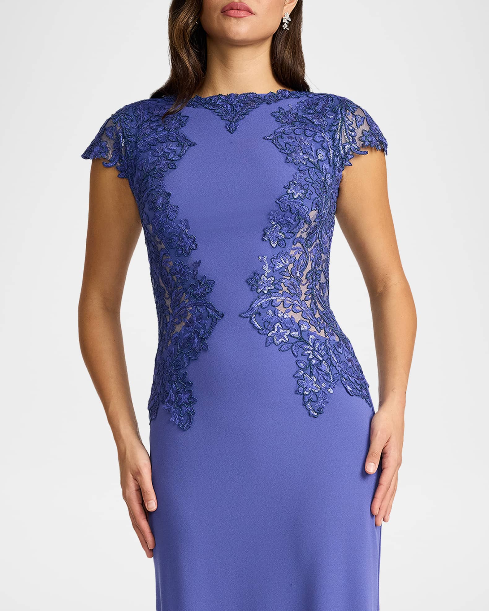 Tadashi Shoji Embroidered Cape-Sleeve Crepe Gown | Neiman Marcus