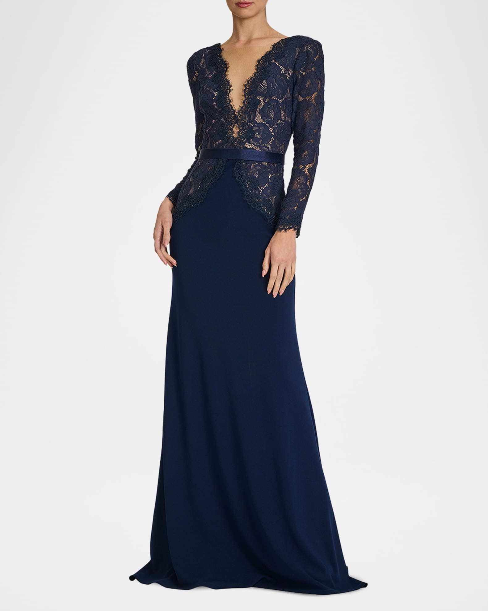 Tadashi Shoji Plunging Illusion Lace & Crepe Gown | Neiman Marcus
