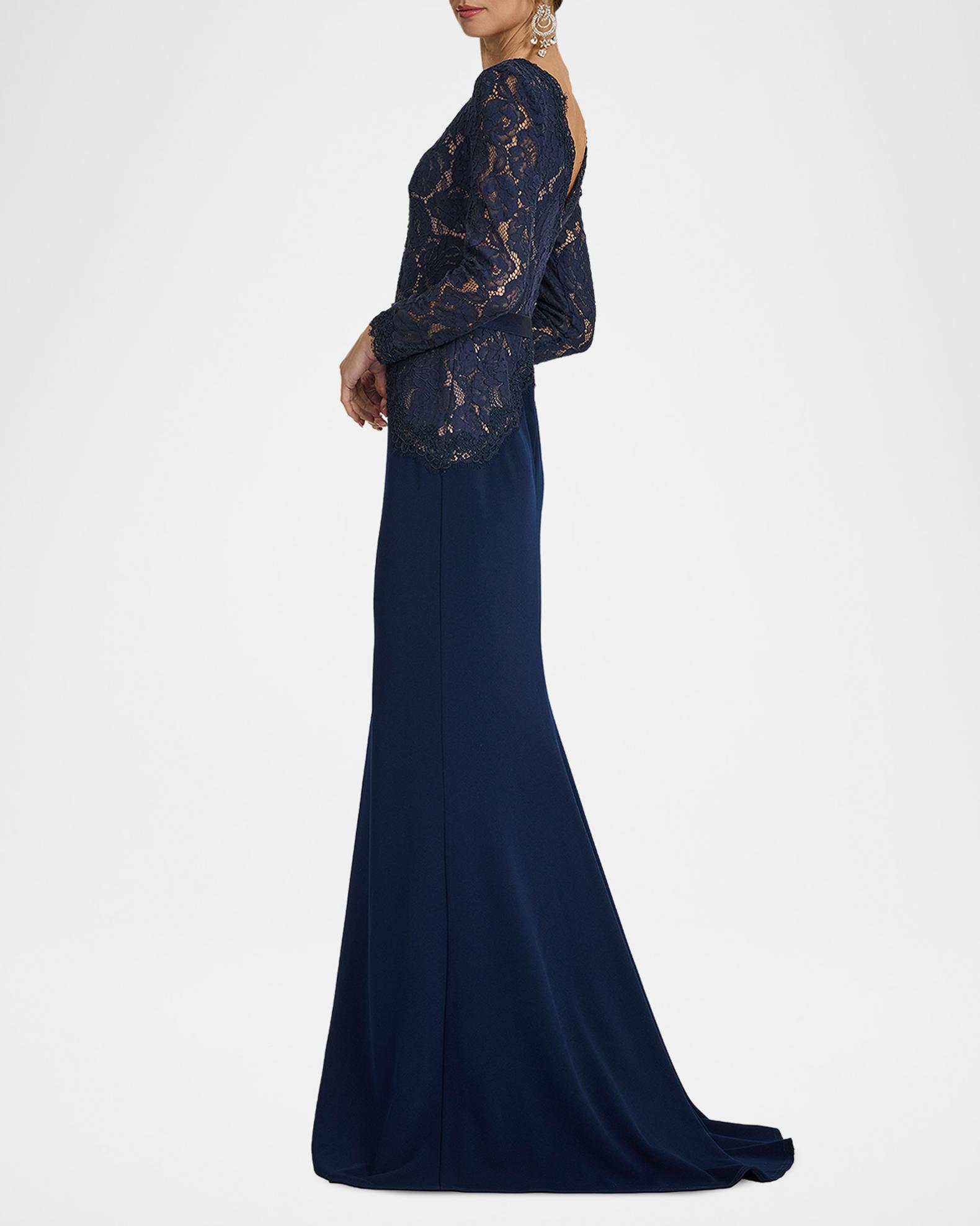 Tadashi Shoji Plunging Illusion Lace & Crepe Gown | Neiman Marcus