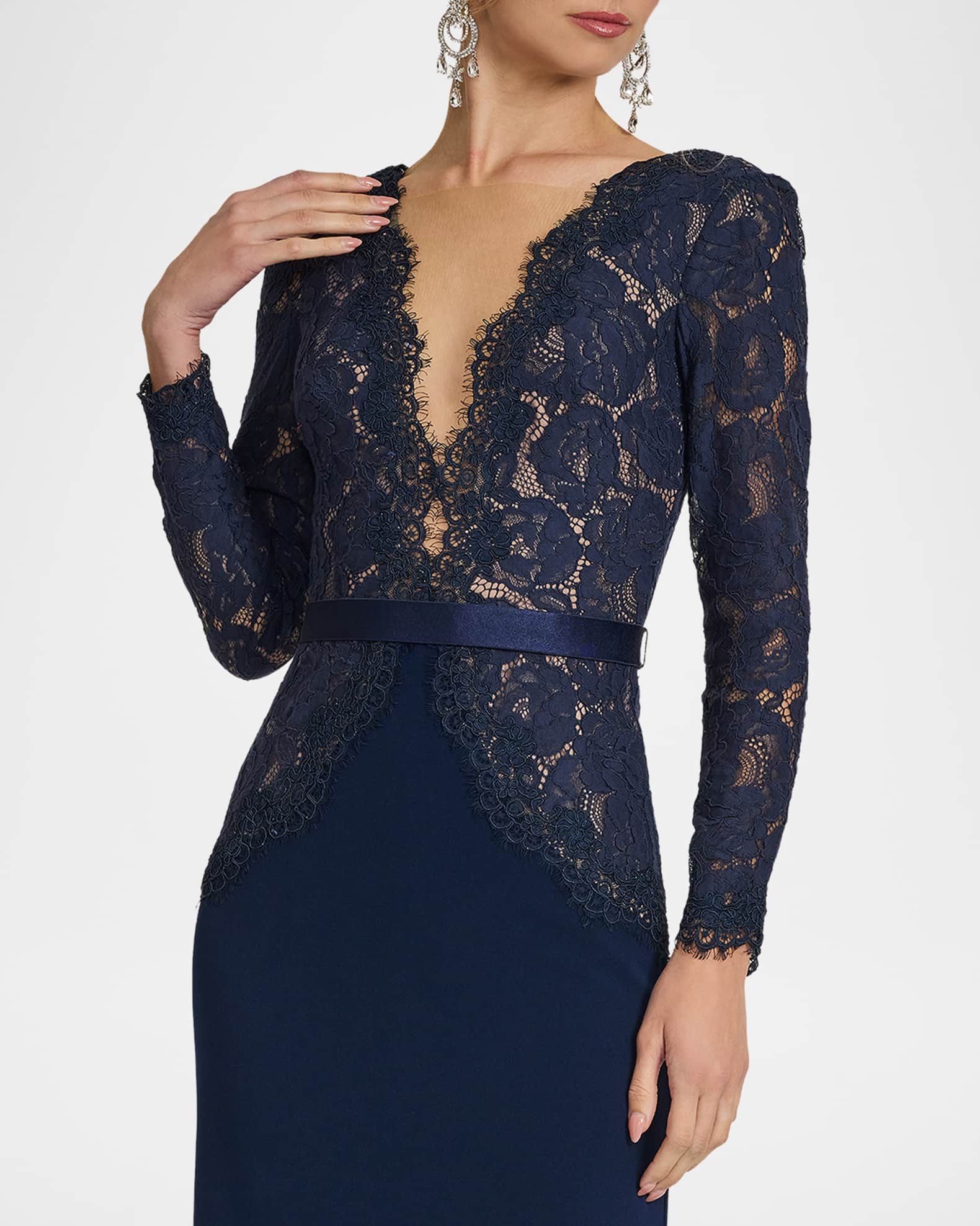 Tadashi Shoji Plunging Illusion Lace & Crepe Gown | Neiman Marcus