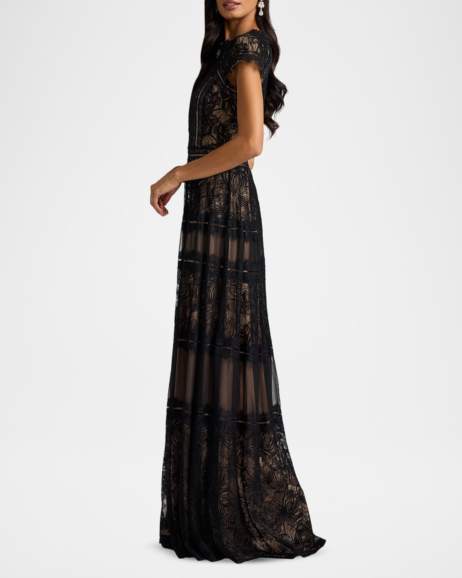 Tadashi Shoji Tiered Scallop-Trim Lace Gown | Neiman Marcus