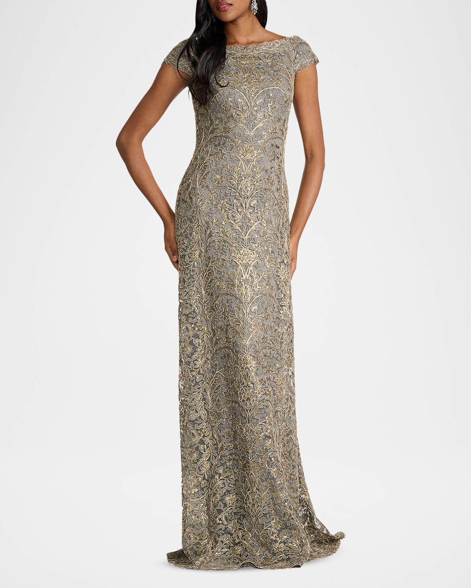 Tadashi Shoji Cap-Sleeve Sequin Lace Column Gown