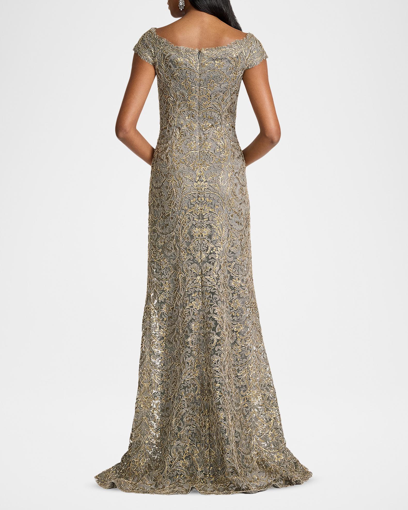 Tadashi Shoji Cap-Sleeve Sequin Lace Column Gown