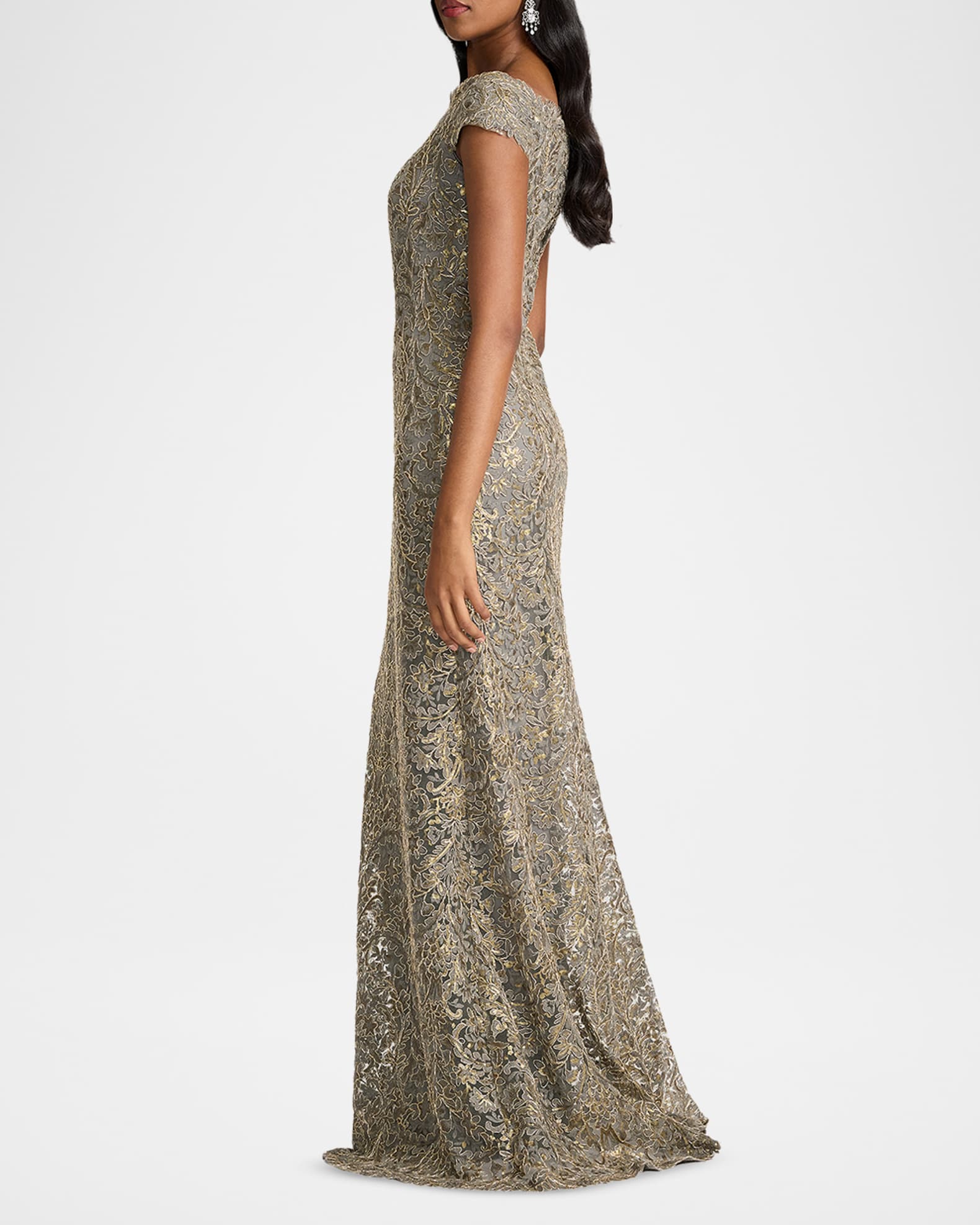 Tadashi Shoji Cap-Sleeve Sequin Lace Column Gown | Neiman Marcus