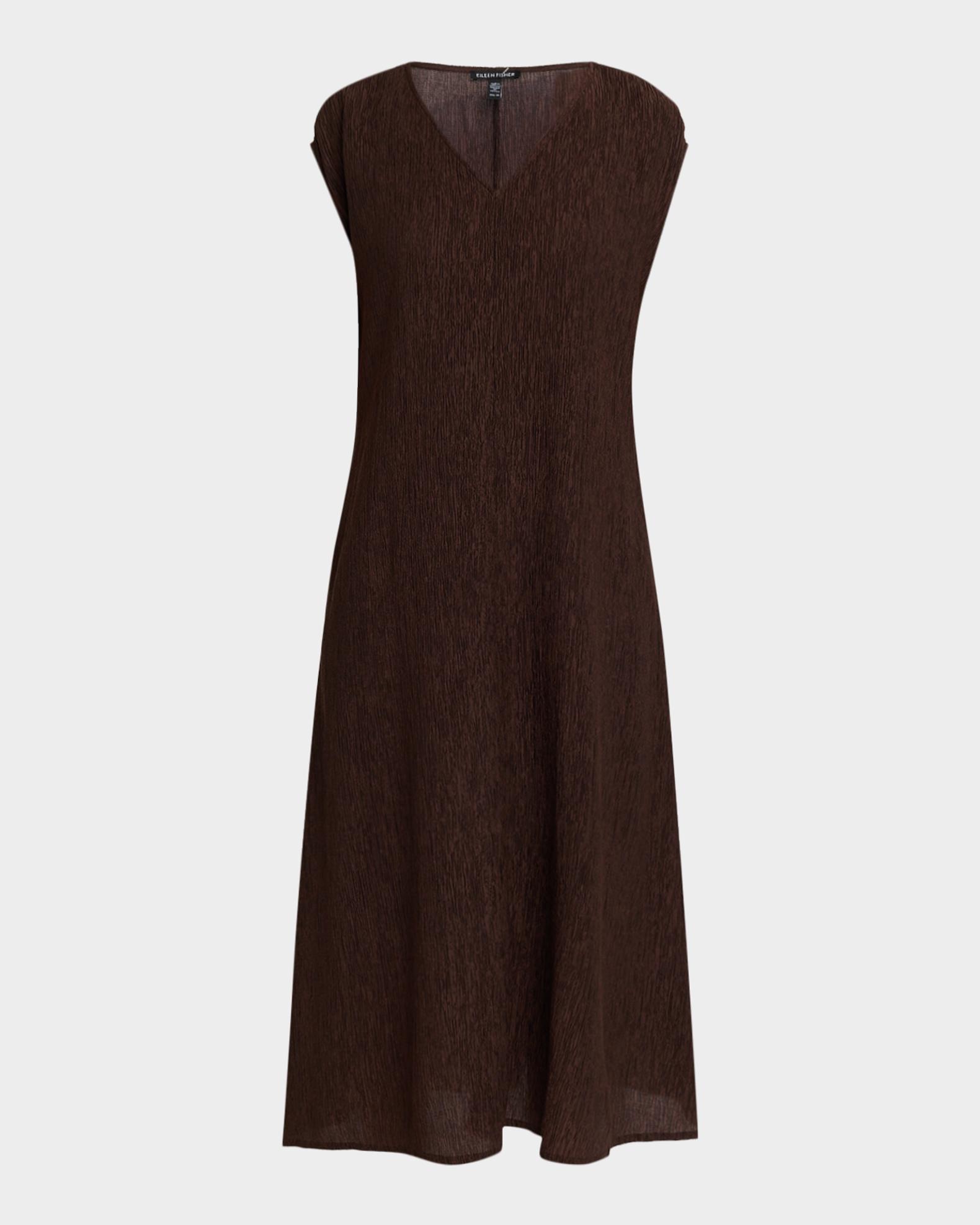 eileen fisher cocktail dresses - Women's Woven Plissé V-Neck Dress - Brown Size:38K Black Lace Corset Style Lace&Tulle Cocktail attire it moves with you