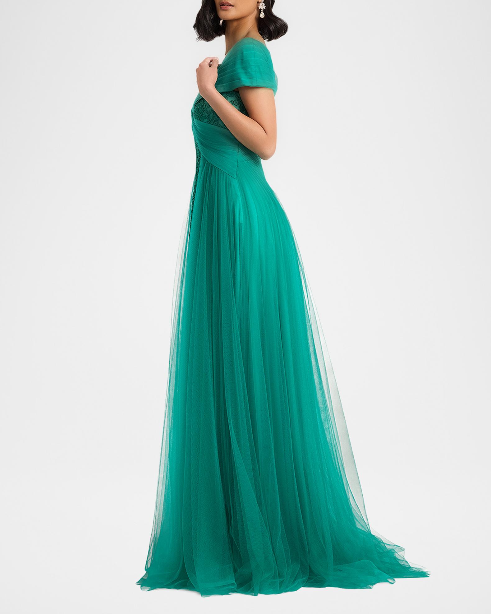Tadashi Shoji Parello Embroidered Off-Shoulder Tulle Gown | Neiman