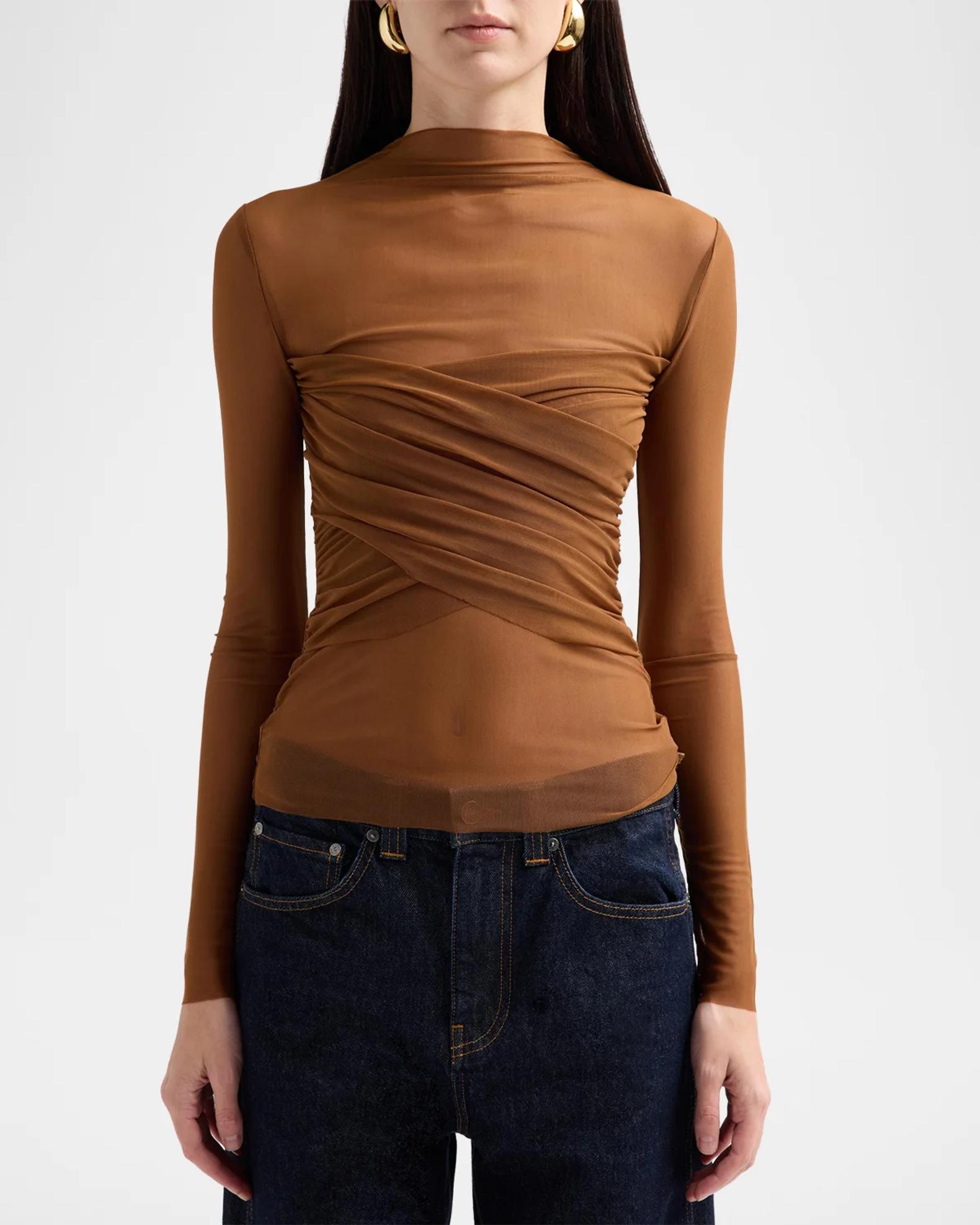 SEROYA Saffy Ruched Criss-Cross Mesh Top | Neiman Marcus