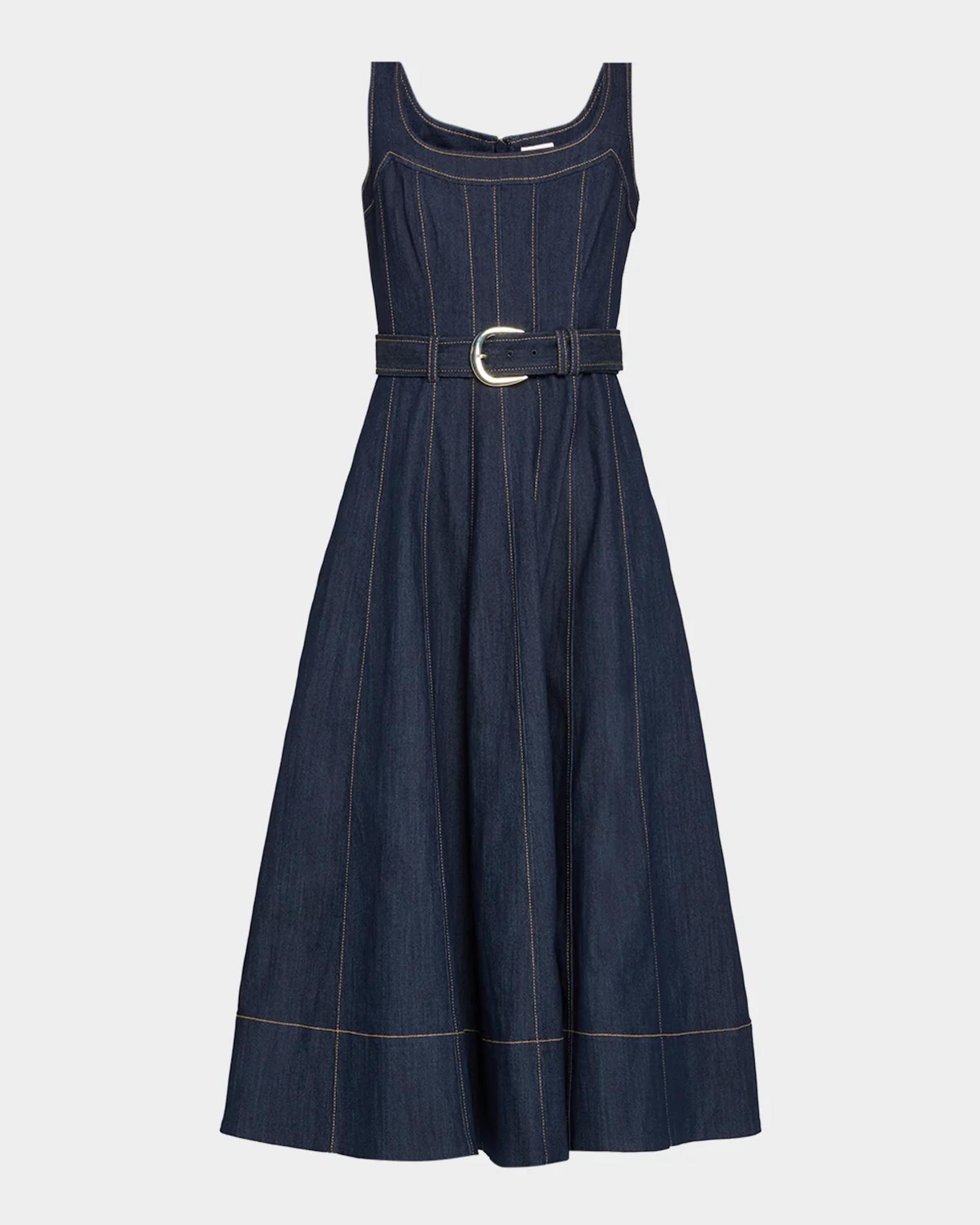 belted denim midi dress Cinq à Sept Cambree Dress, Indigo, Women's, 12 squash blossom print dress Denim Midi DressSweetheart NecklineSleevelessPadded Old Navy Women's Strappy Reiss Color:Blues