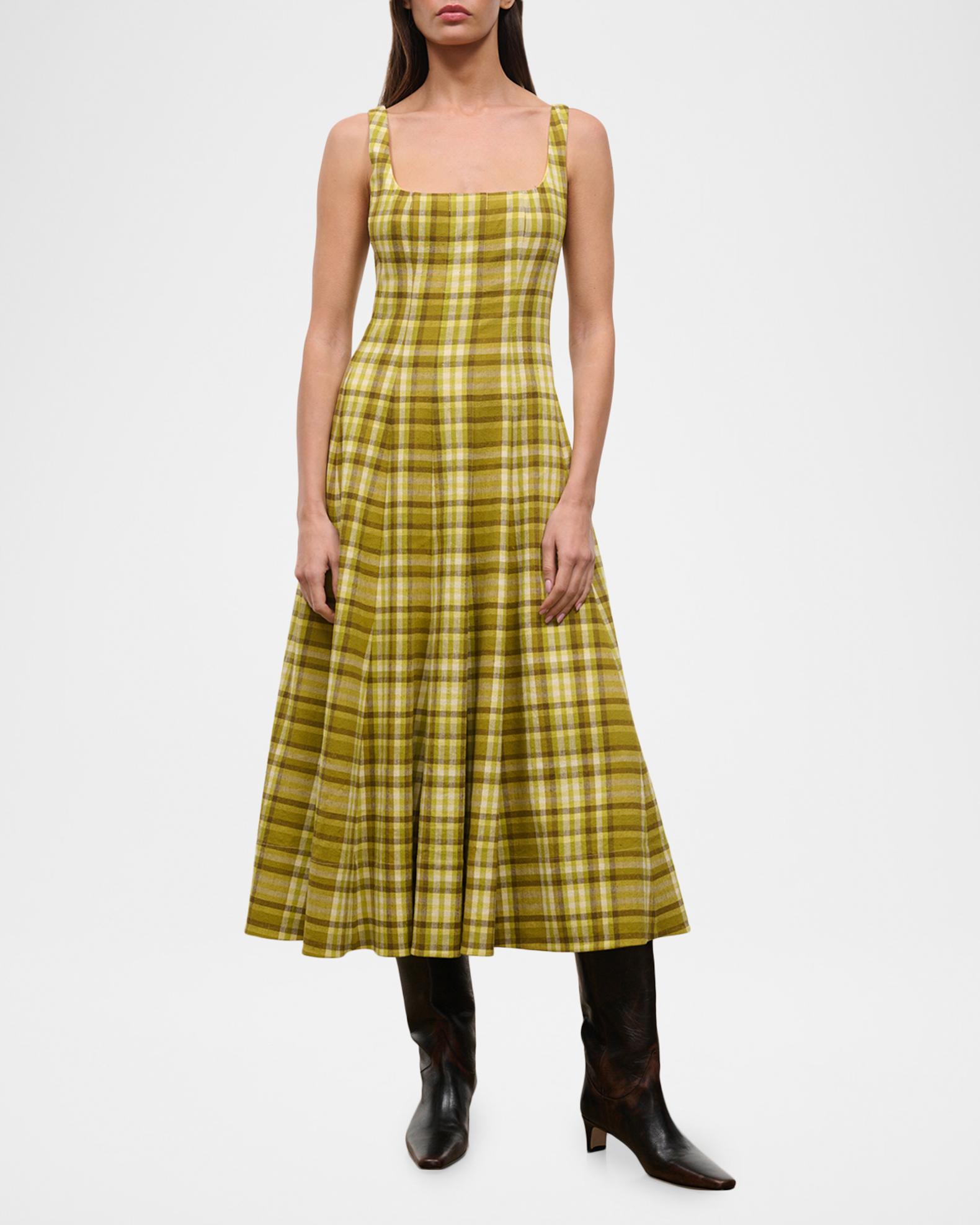 Staud Wells Plaid Linen-Blend Midi Dress - Pepperoncini Plaid