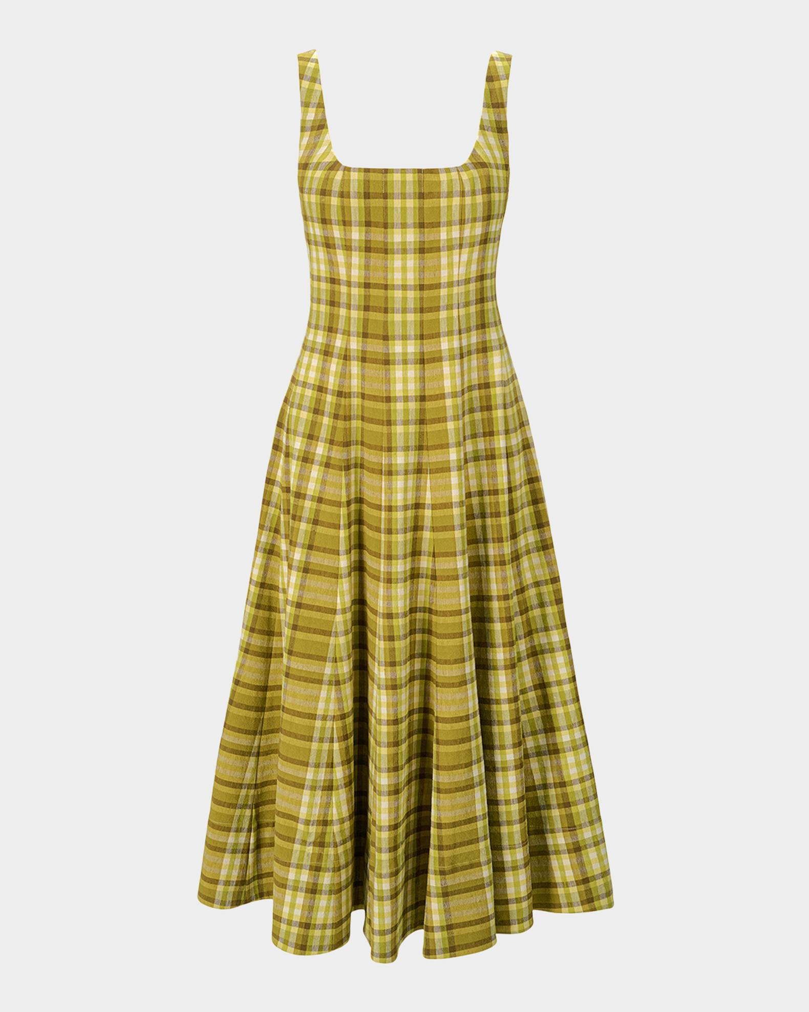 staud brown and yellow dress Wells Plaid Linen-Blend Midi - Pepperoncini Plaid Estelle dress