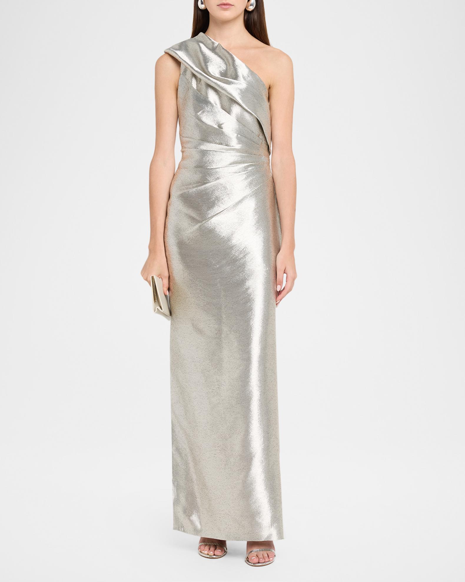 Aidan Mattox Pleated One-Shoulder Metallic Jacquard Gown | Neiman