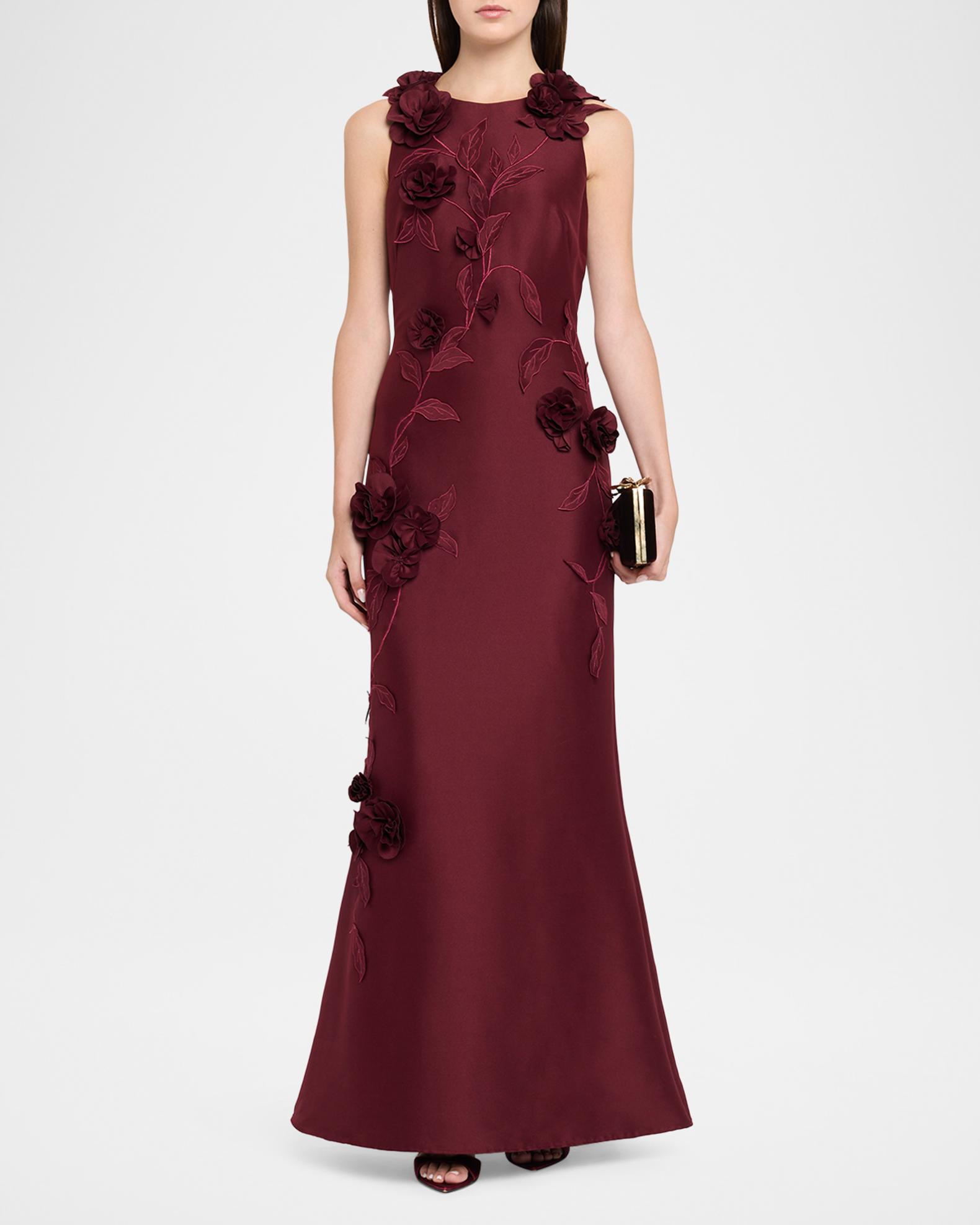 Aidan Mattox Floral Applique Stretch Mikado Gown | Neiman Marcus