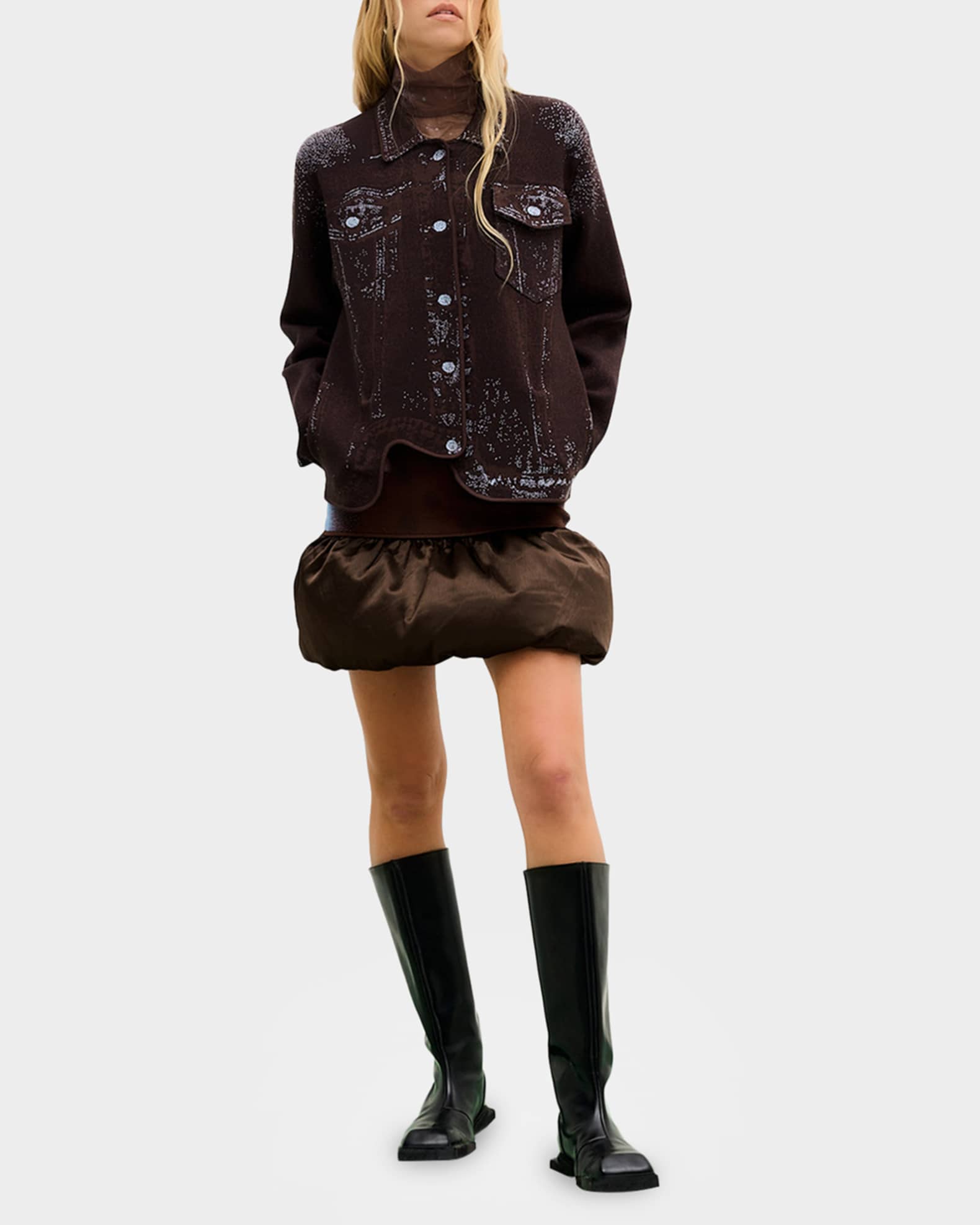 PH5 Hana Denim-Printed Wavy Asymmetric Jacket | Neiman Marcus