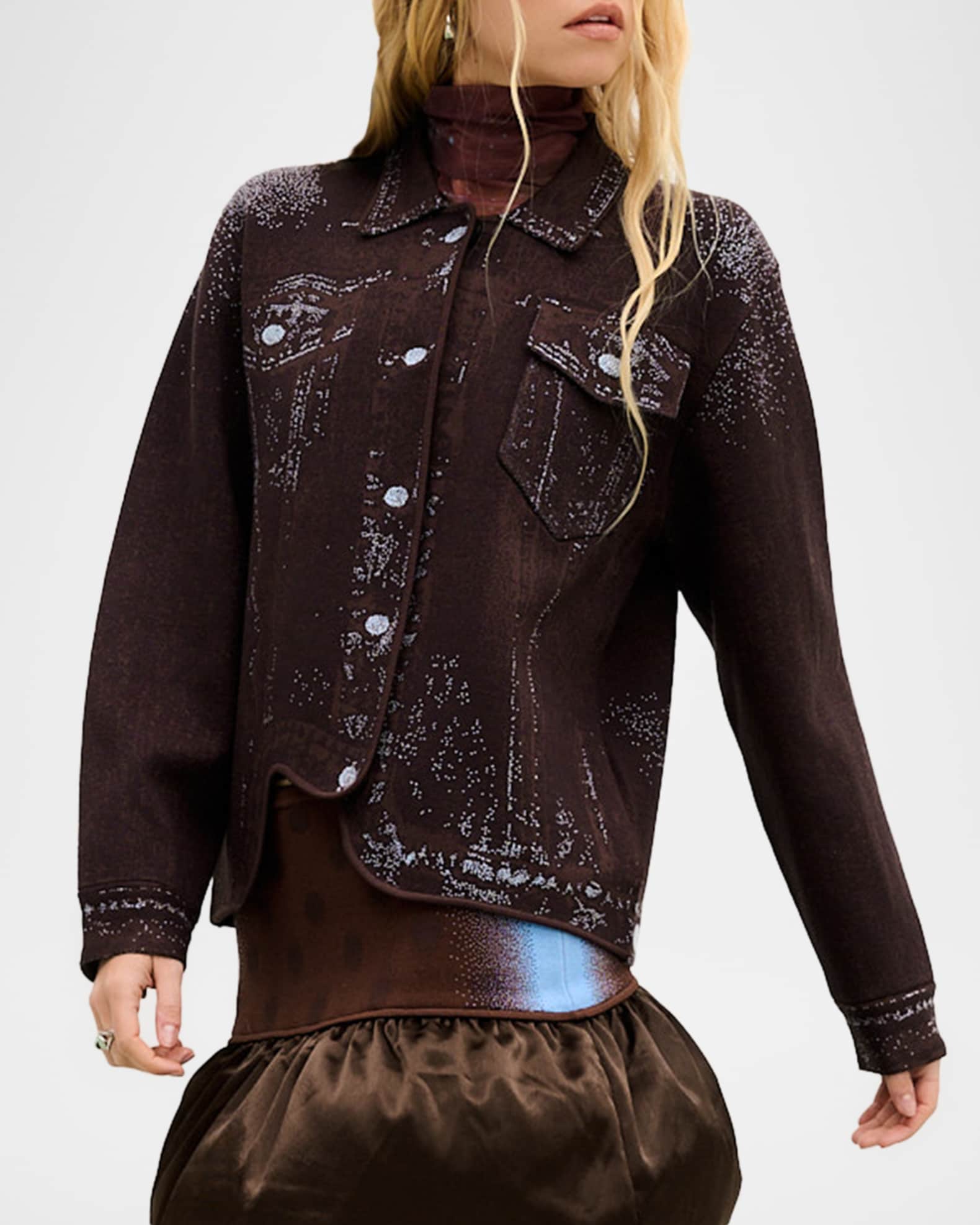 PH5 Hana Denim-Printed Wavy Asymmetric Jacket | Neiman Marcus