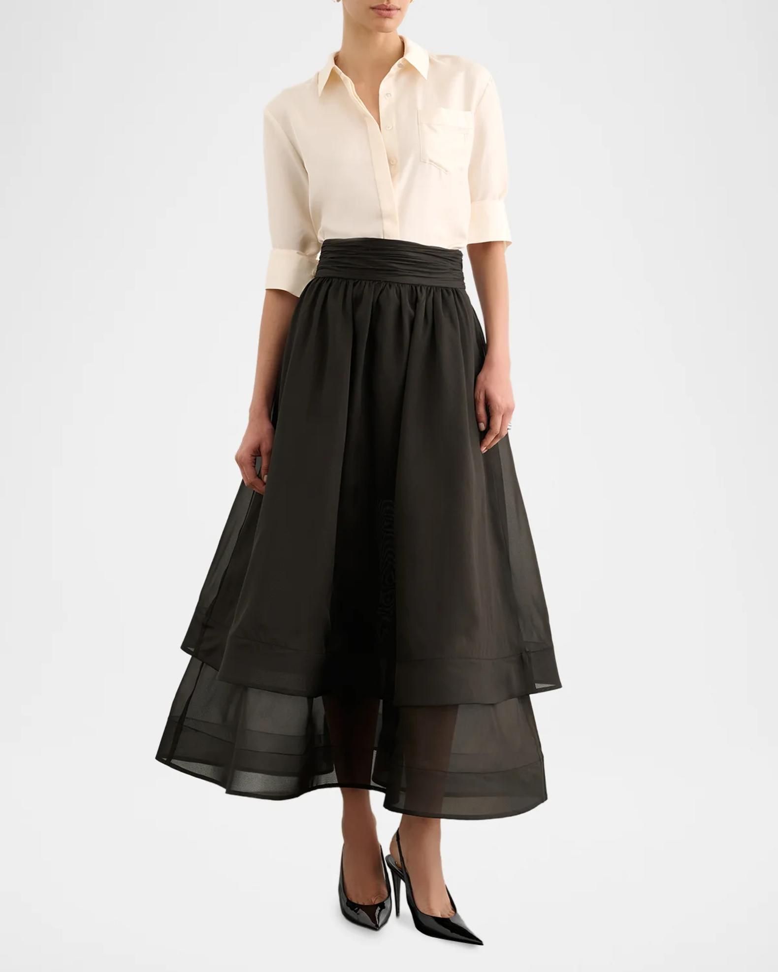 Toccin Amber Tiered Sheer Silk Midi Skirt | Neiman Marcus