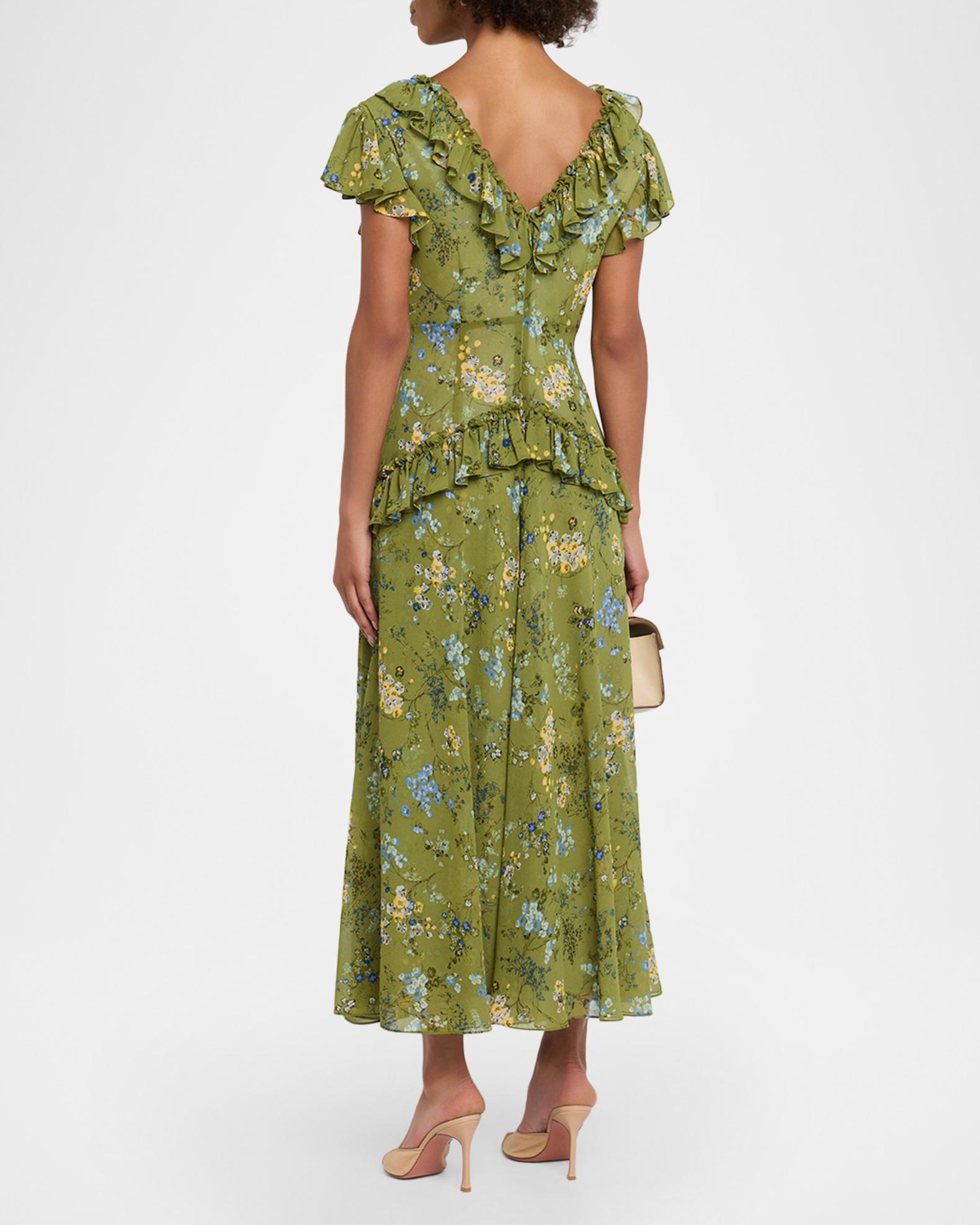 floral green v neck midi erin dress Cinq à Sept Windswept Siv Ruffle MDW25