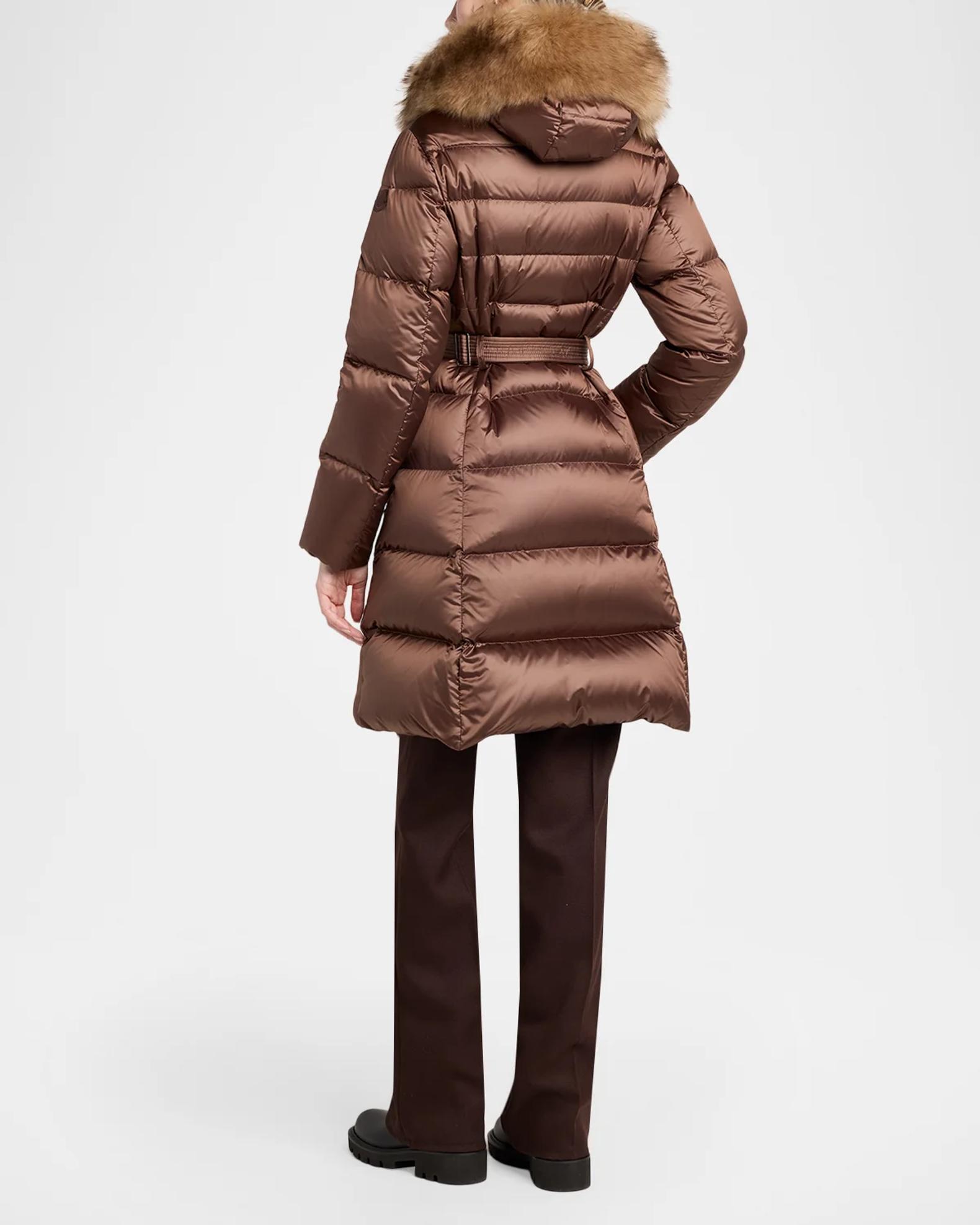 Moncler Leersie Hooded Shearling-Trimmed Long Down Jacket | Neiman