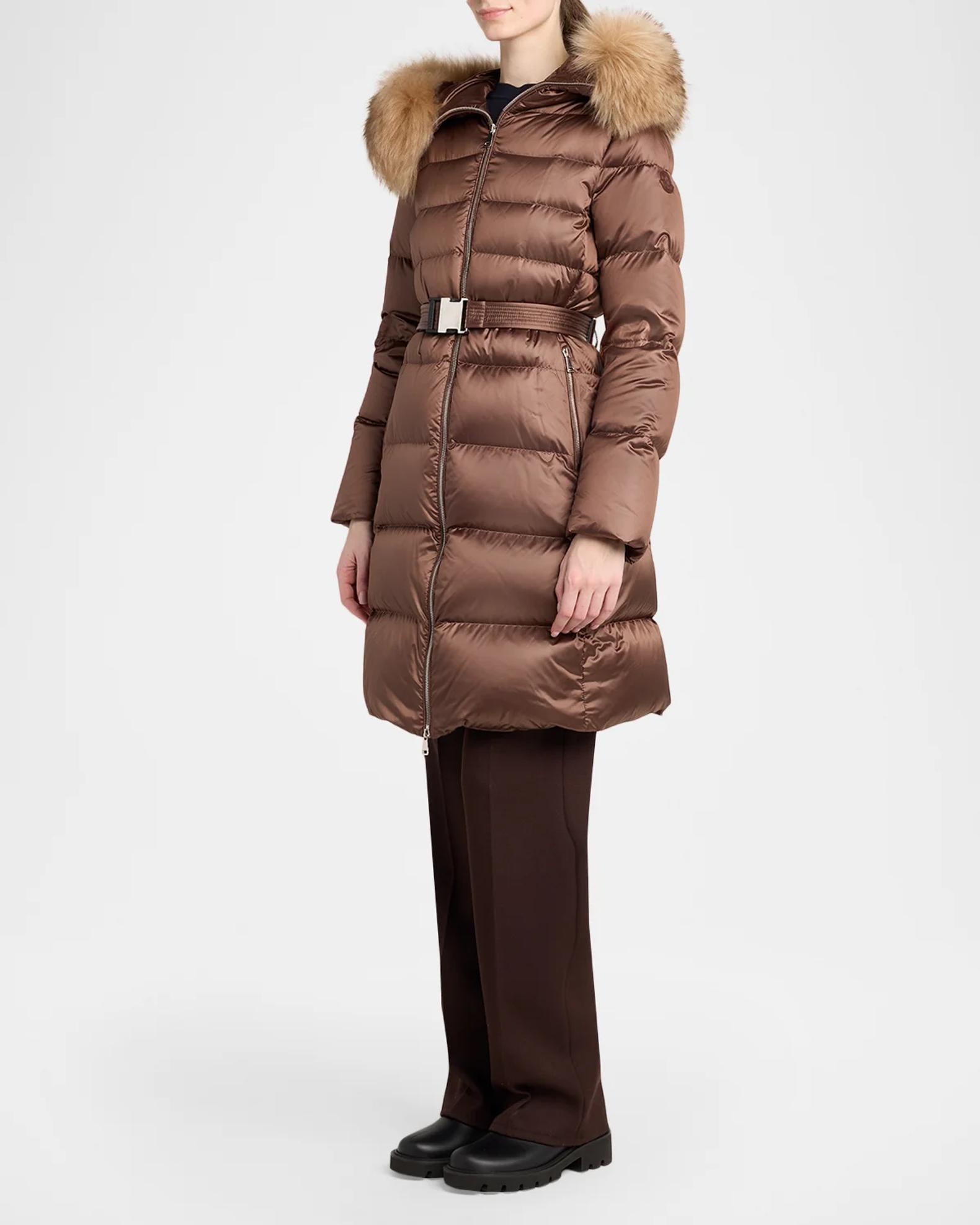 Moncler Leersie Hooded Shearling-Trimmed Long Down Jacket | Neiman