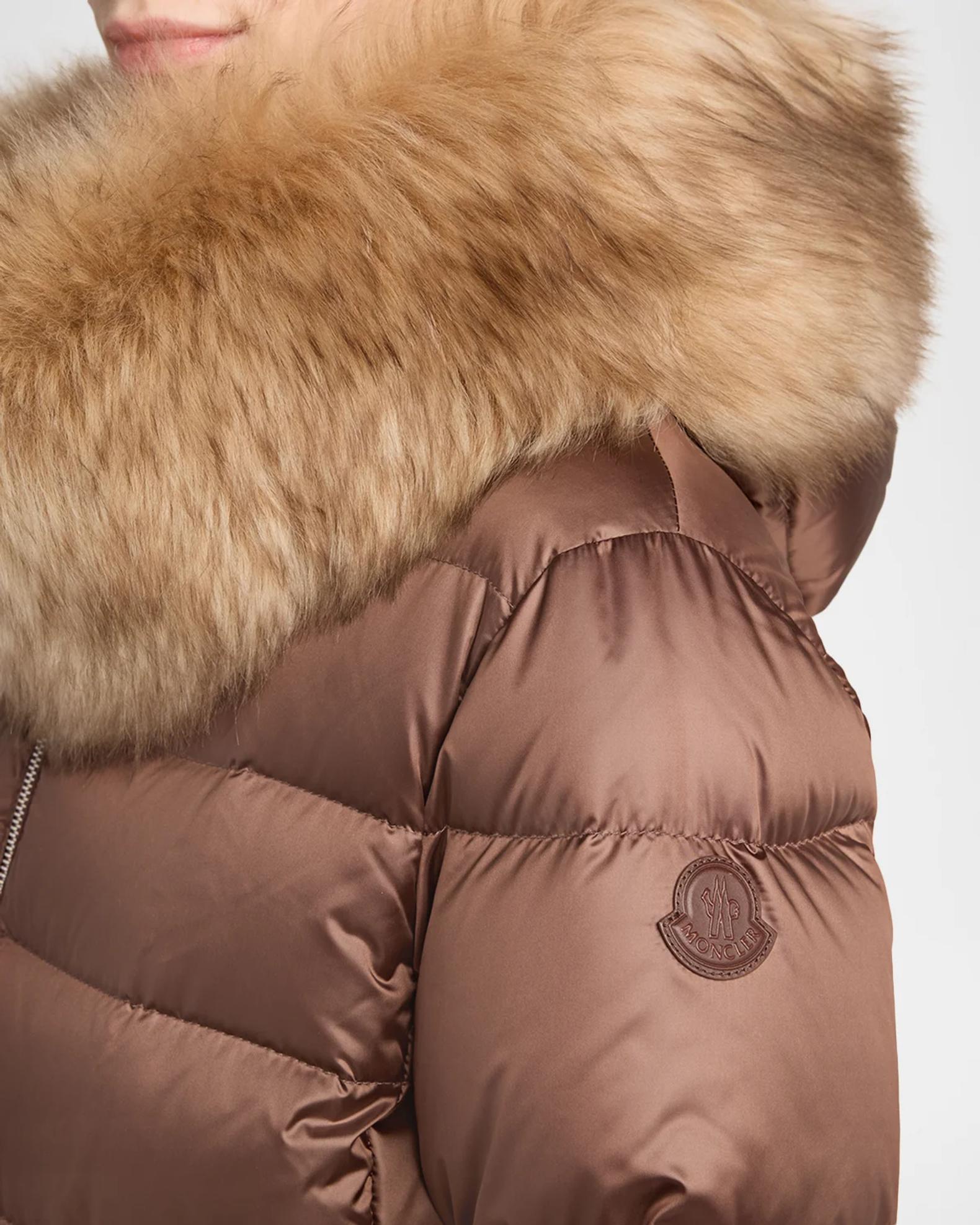 Moncler Leersie Hooded Shearling-Trimmed Long Down Jacket | Neiman