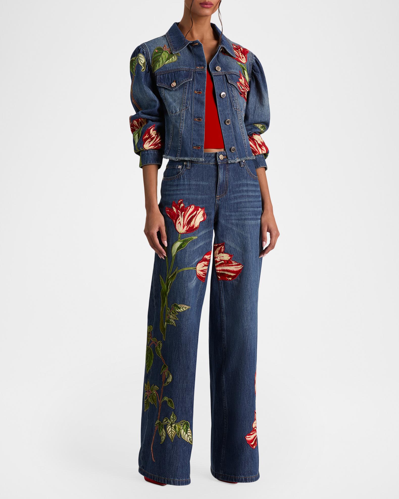 ALICE + OLIVIA Elijah Floral Embroidered Denim Jacket | Neiman Marcus