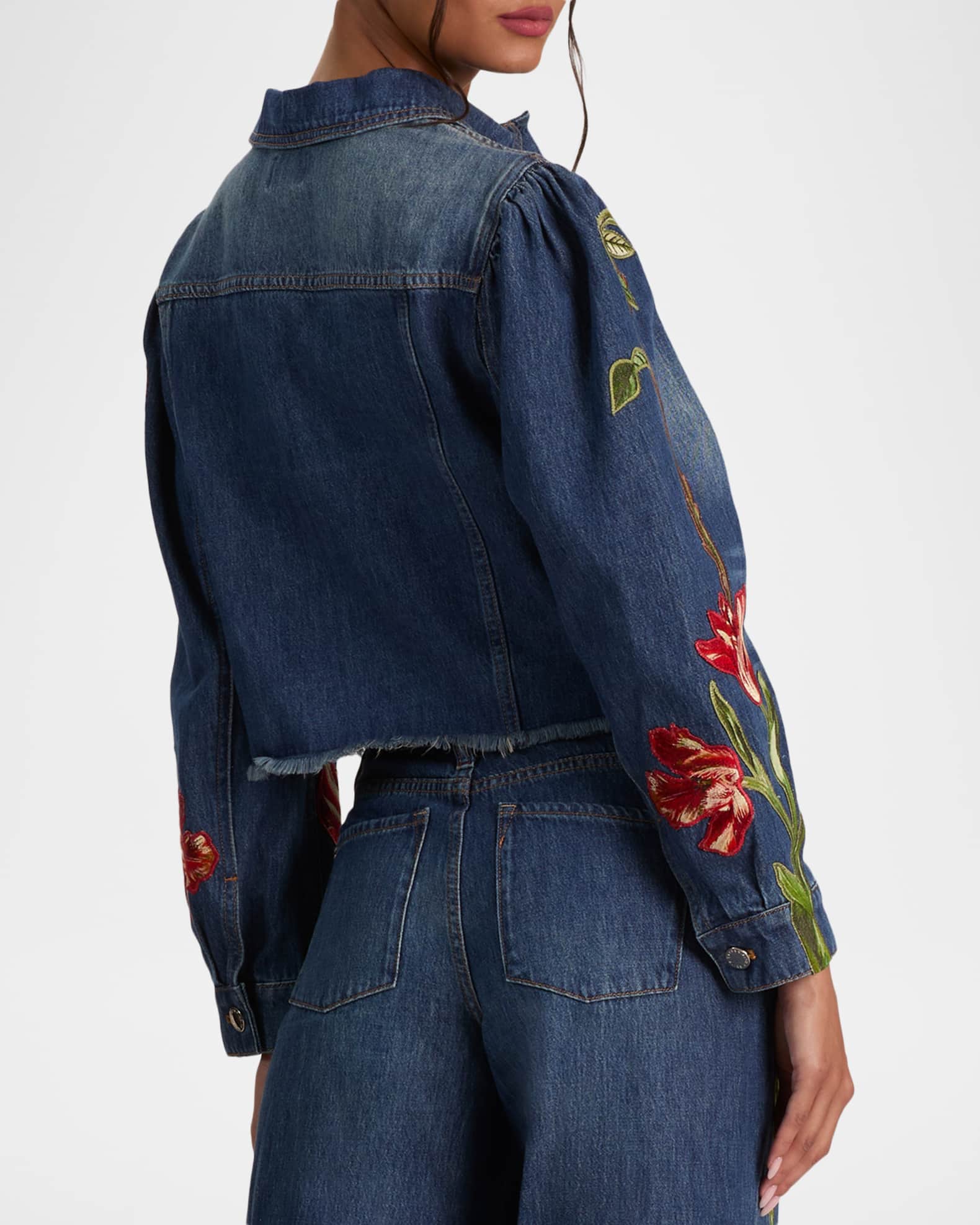 ALICE + OLIVIA Elijah Floral Embroidered Denim Jacket | Neiman Marcus
