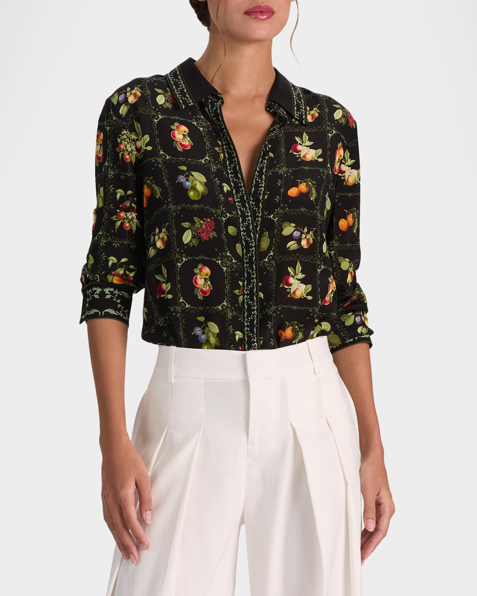 ALICE + OLIVIA Willa Silk Placket Top | Neiman Marcus