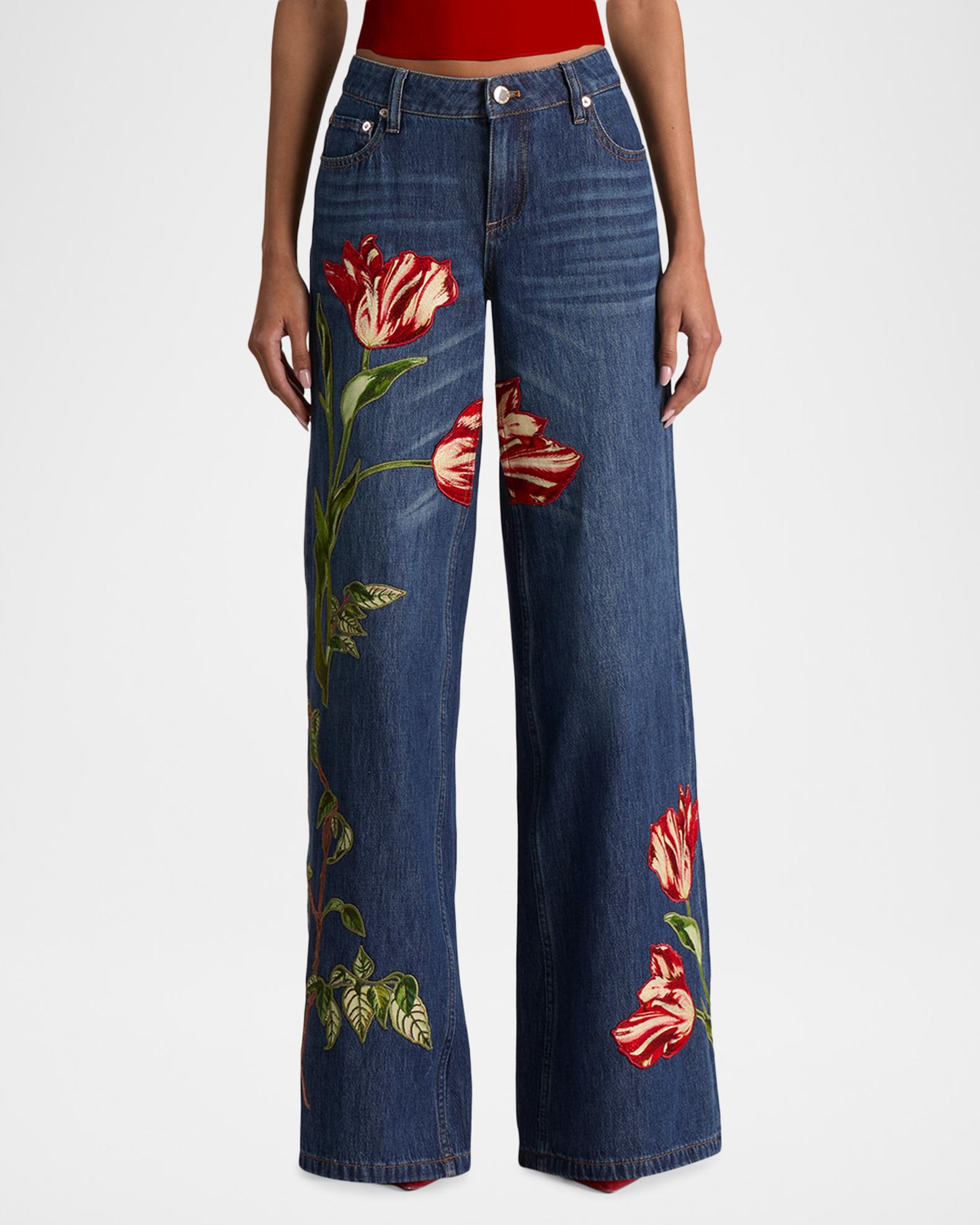 ALICE + OLIVIA Amazing Low-Rise Embroidered Jeans | Neiman Marcus