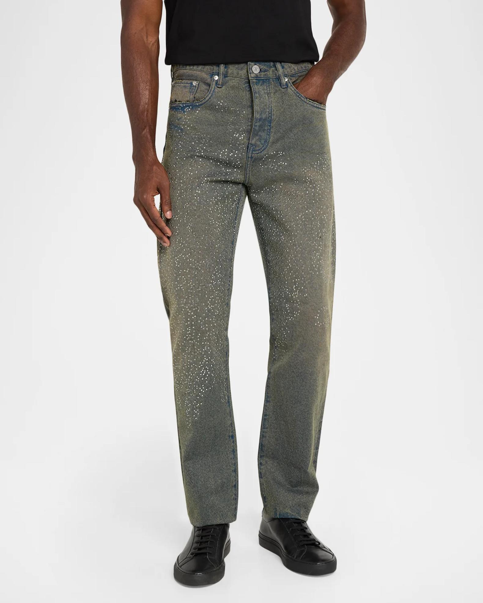 PURPLE Men's Dirty Wash Cosmos Rhinestone Stacked Jeans | Neiman Marcus