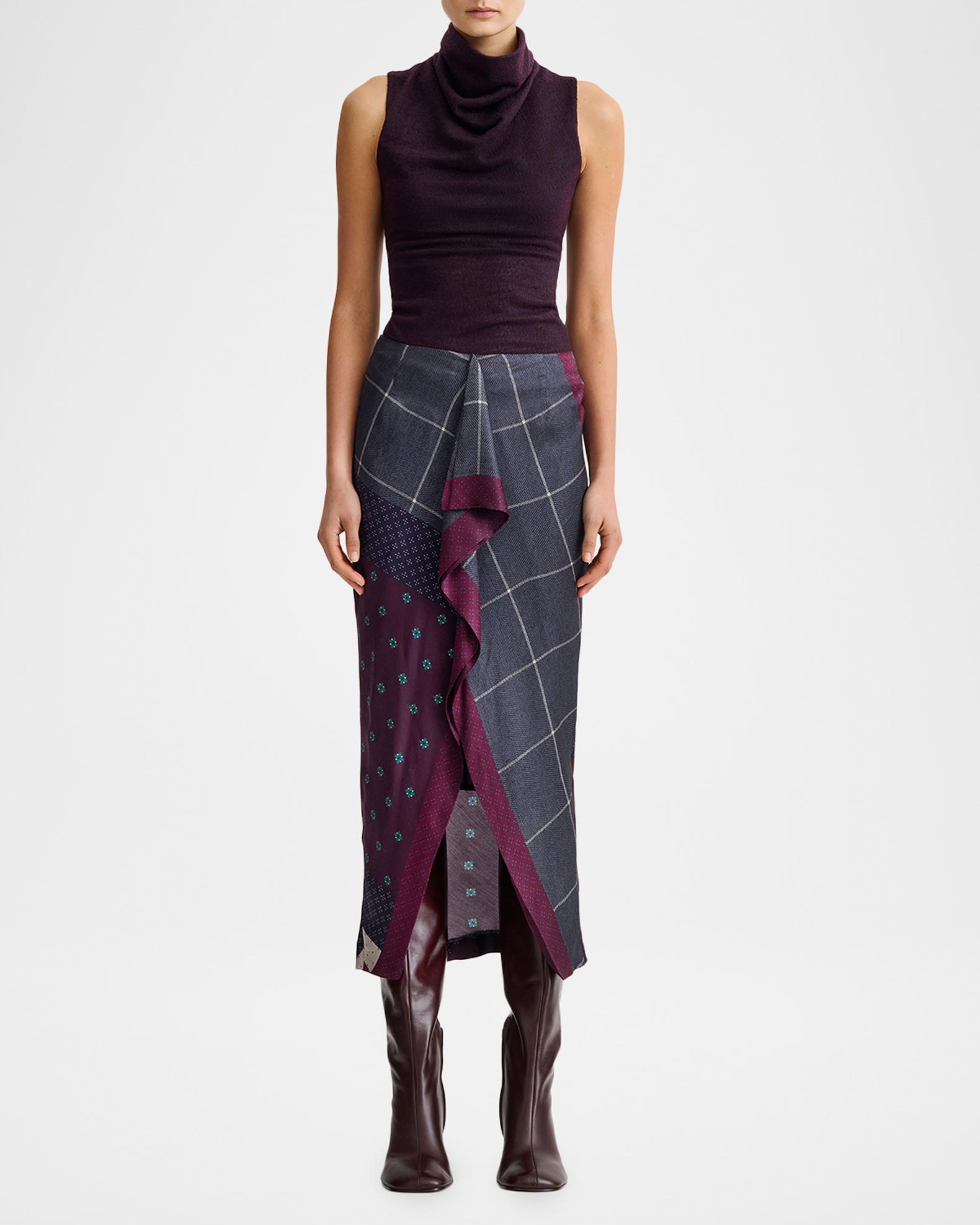 Smythe Patchwork Ruffle-Front Midi Skirt | Neiman Marcus