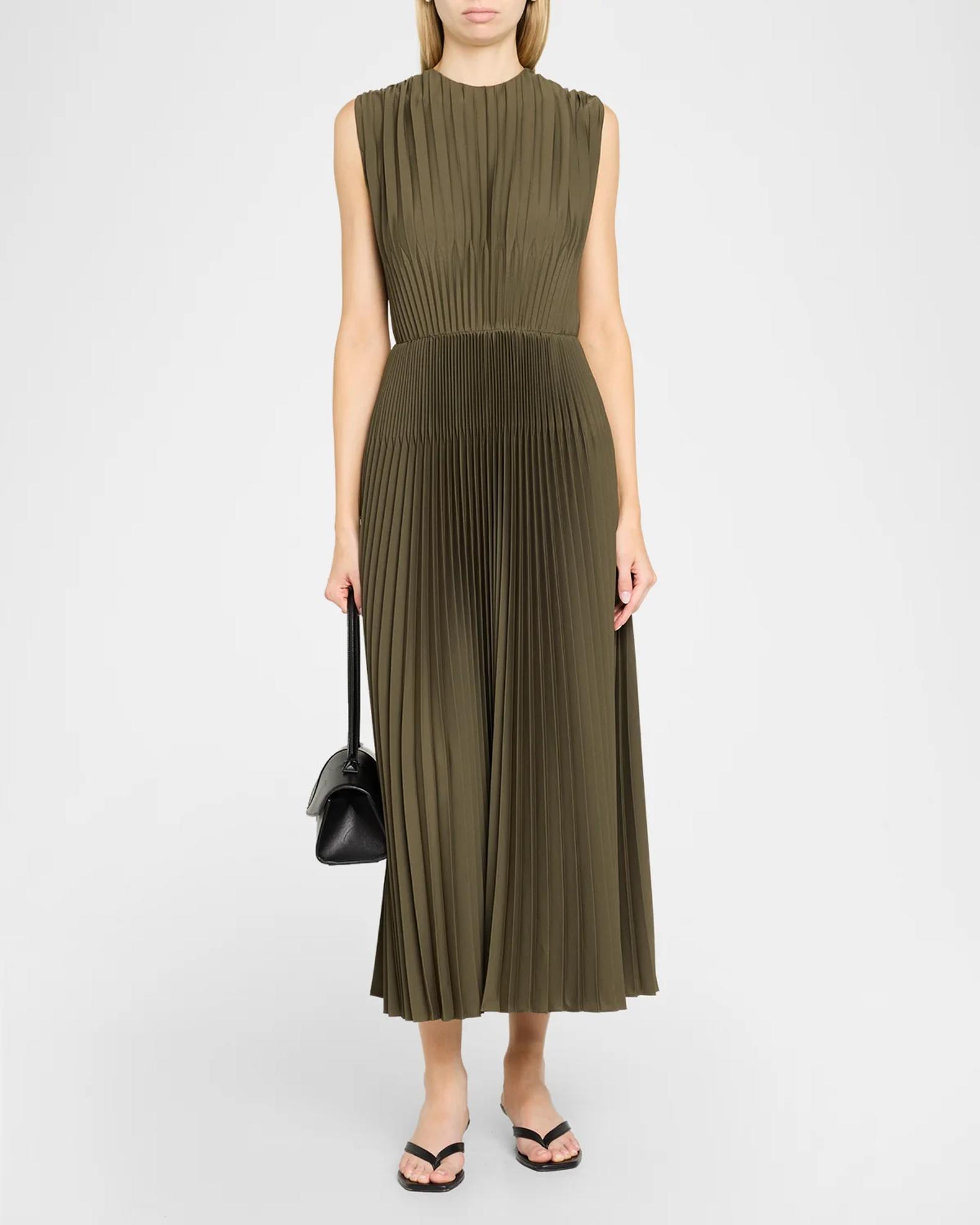 Vince Sleeveless Chevron-Pleated Satin Midi Dress | Neiman Marcus