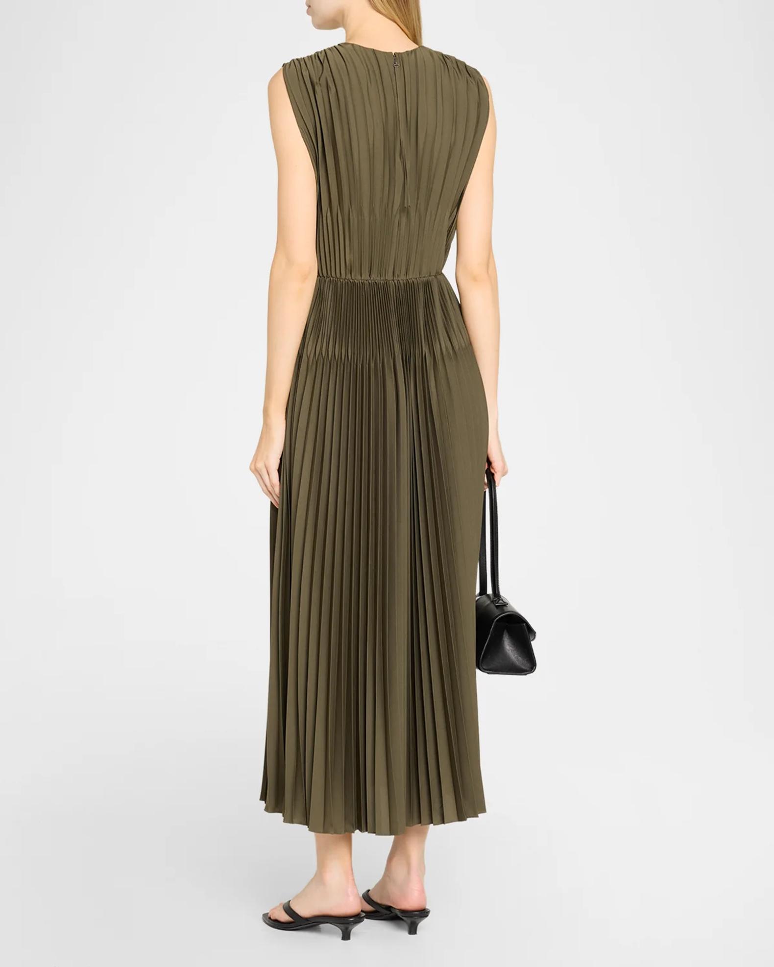 Vince Sleeveless Chevron-Pleated Satin Midi Dress | Neiman Marcus