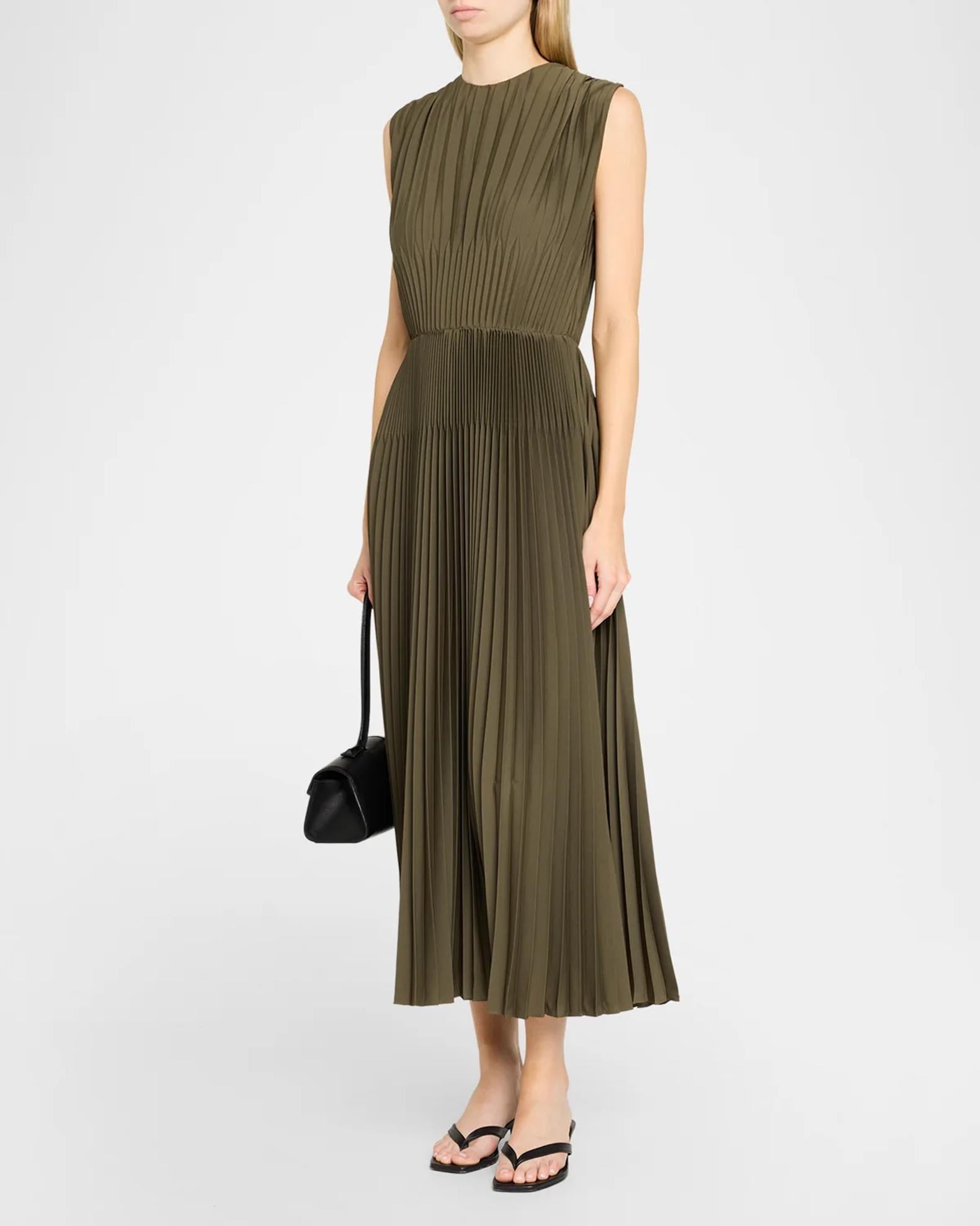 Vince Sleeveless Chevron-Pleated Satin Midi Dress | Neiman Marcus