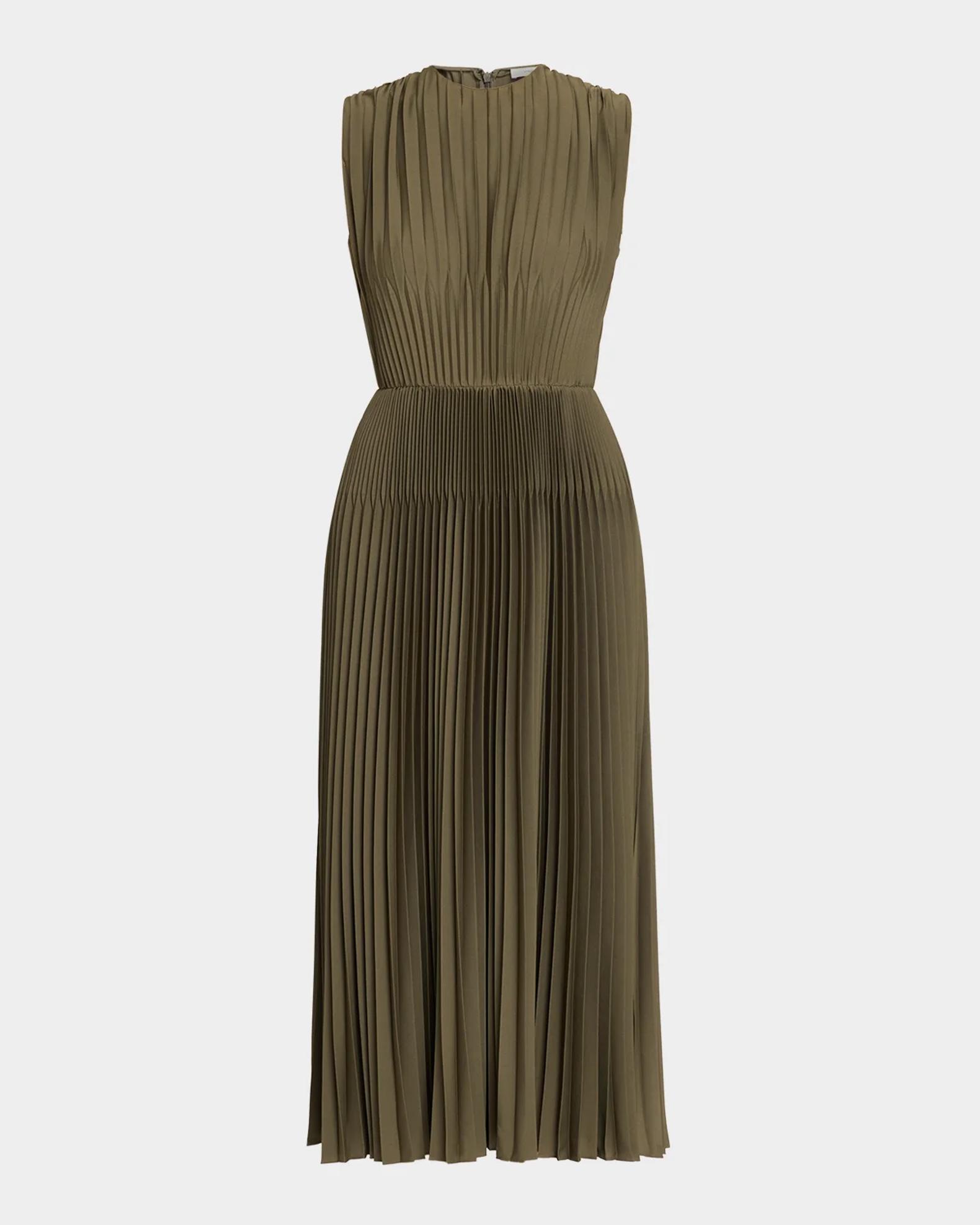 Vince Sleeveless Chevron-Pleated Satin Midi Dress | Neiman Marcus