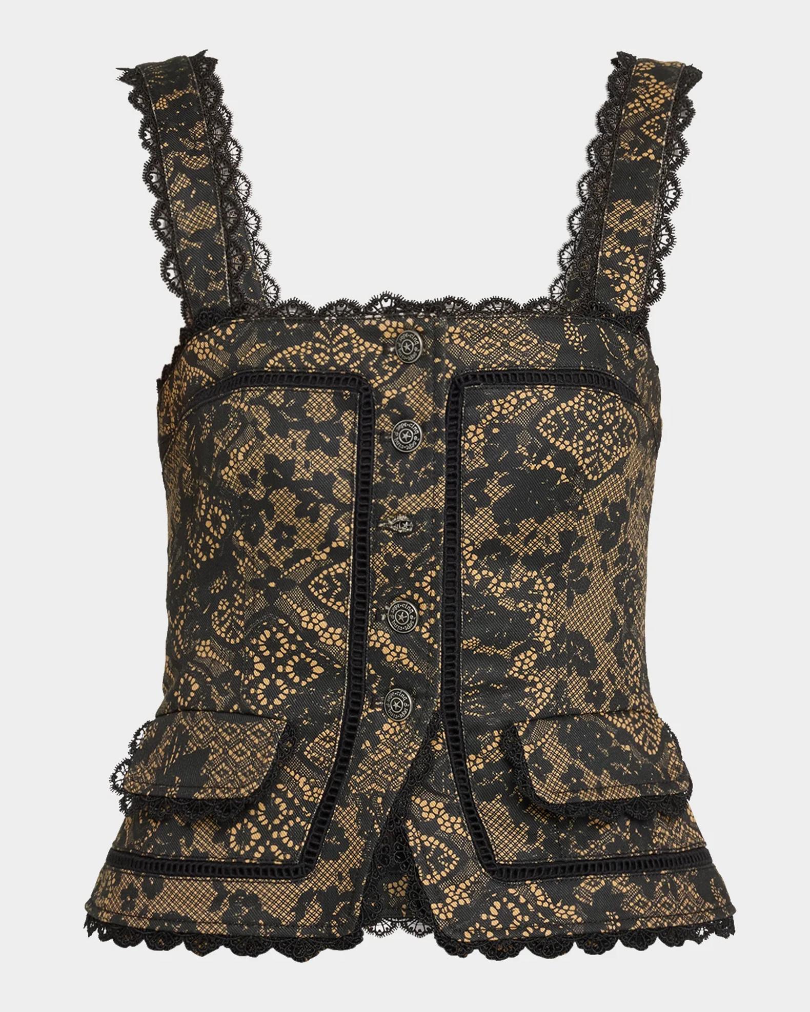 Cinq à Sept Myra Patchwork-Print Lace-Trim Top | Neiman Marcus