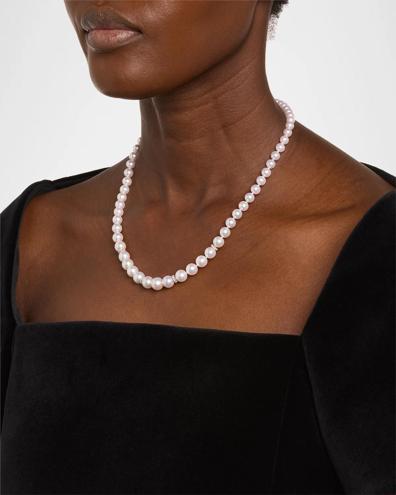 Belpearl 18K White Gold Graduated Pearl Necklace with Diamond Rondelles ...