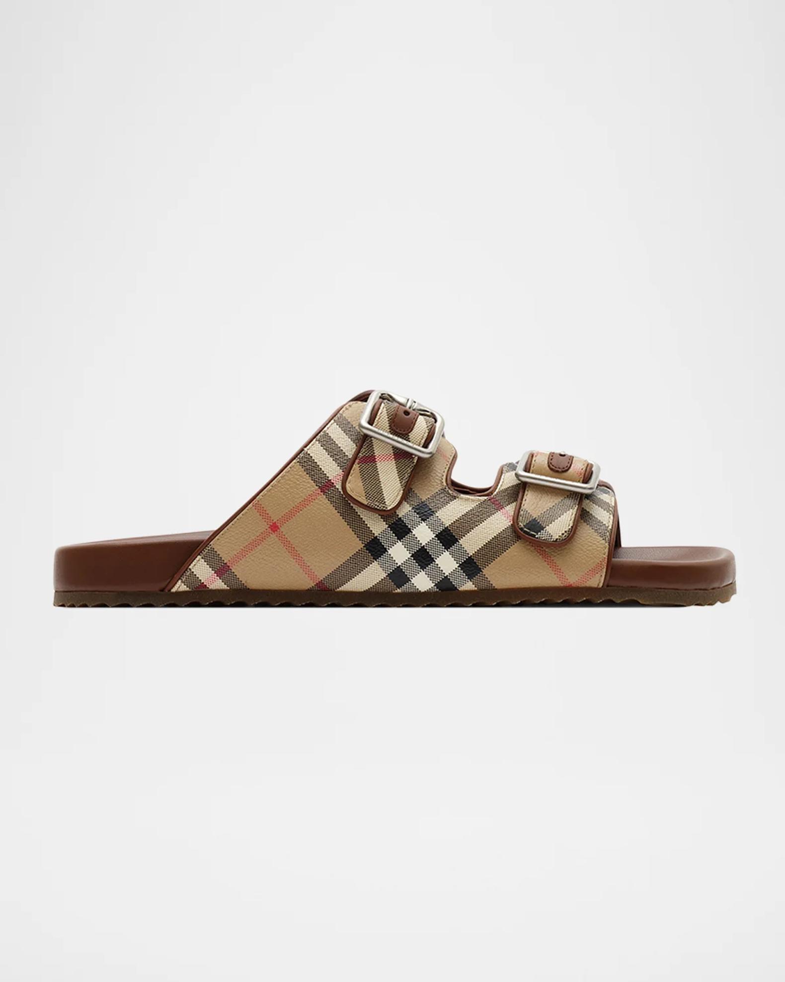 Burberry Men's Urchin Check and Leather B-Buckle Sandals | Neiman