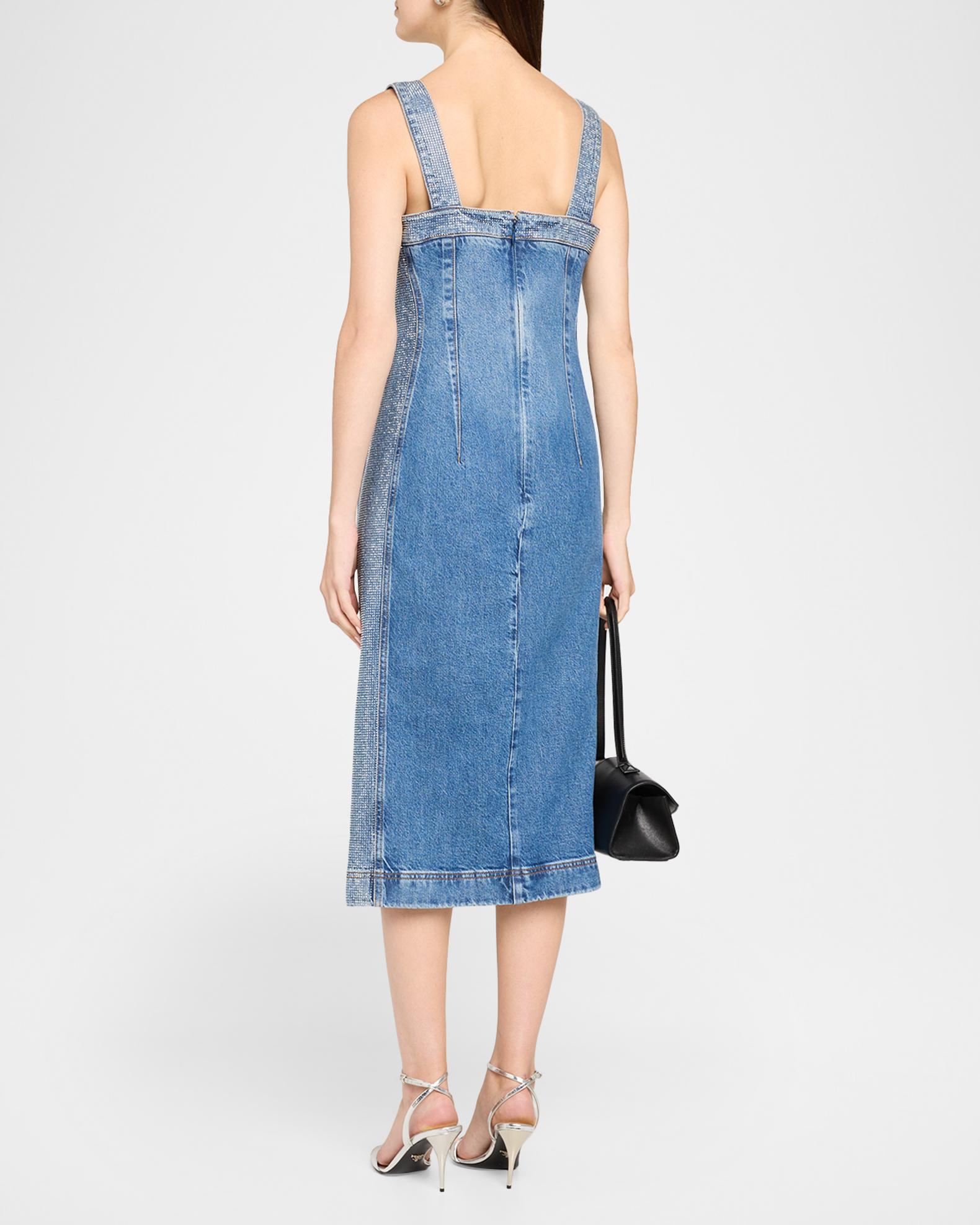 Ramy Brook Amanda Rhinestone-Trim Denim Midi Dress | Neiman Marcus